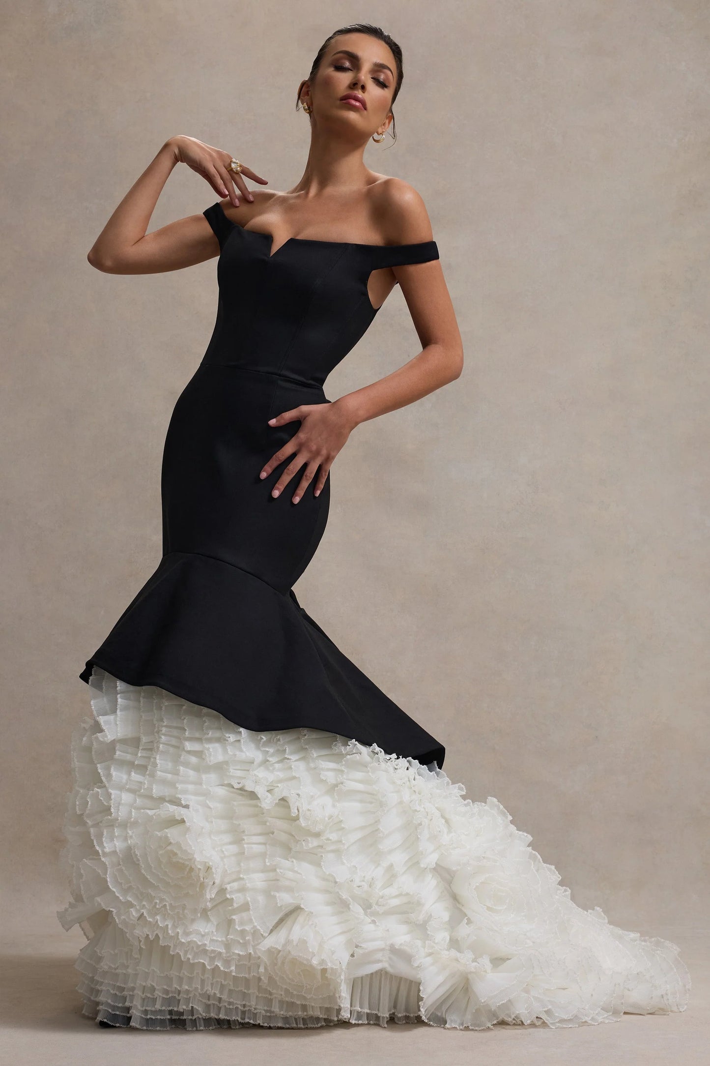 The Greatest Black & Cream Bardot Maxi Dress With Tulle Skirt