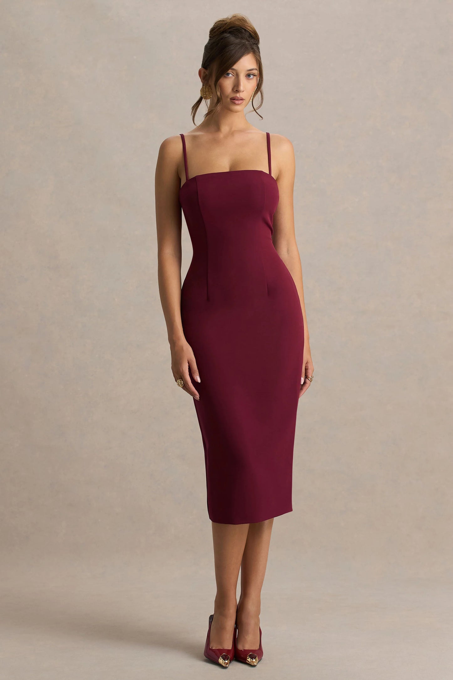 Baylor Burgundy Midi-Dress With Removable Cape