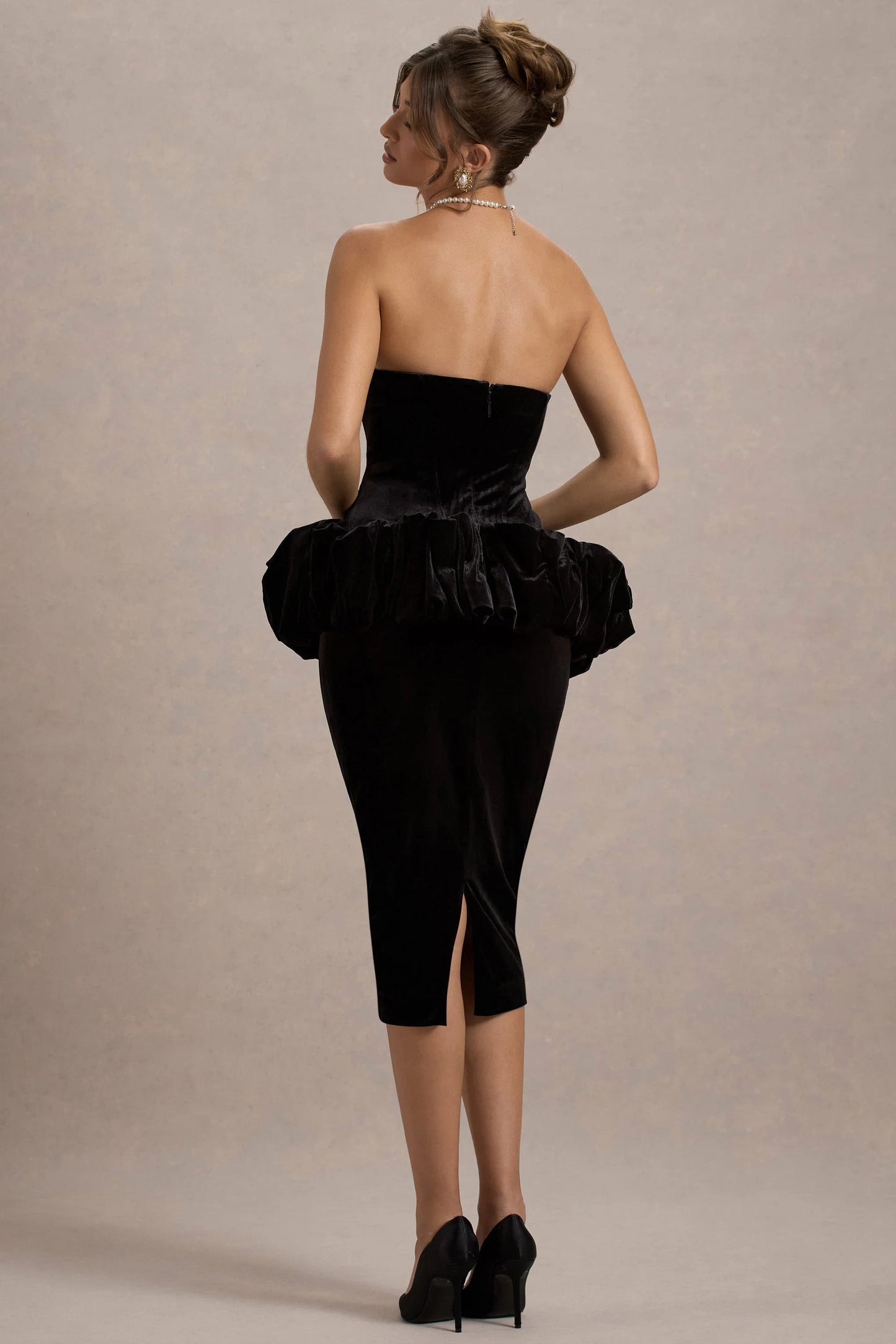 Sarifa Black Velvet Strapless Corset Midi Dress With Ruffle Peplum