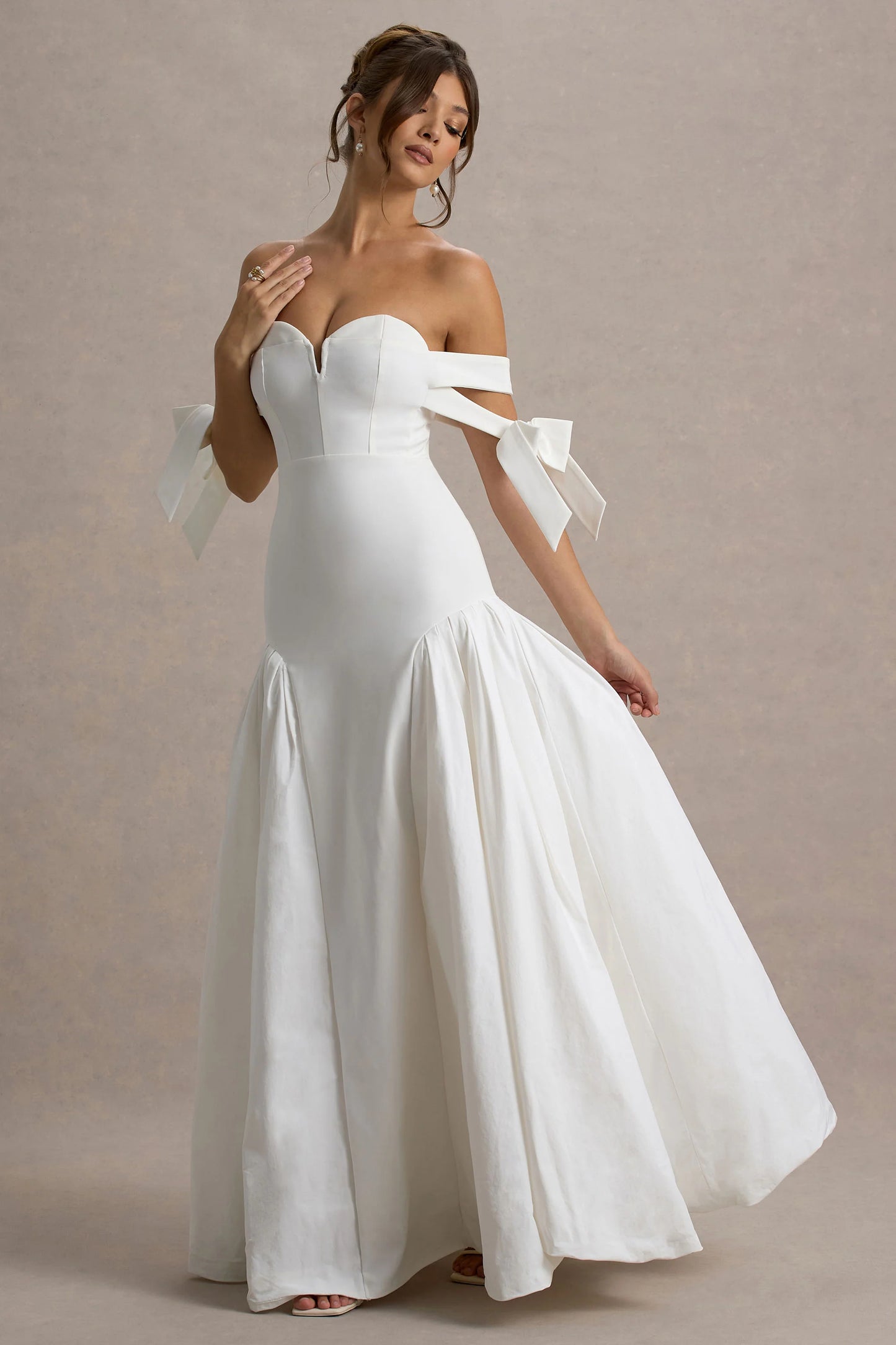 Ethel White & Cream Bardot Maxi Dress With Volume Skirt