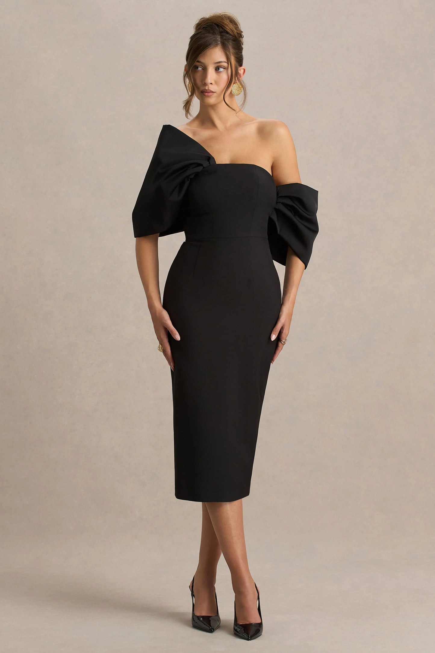 Lucille Black Asymmetric Bardot Midi Dress With Bow Detail