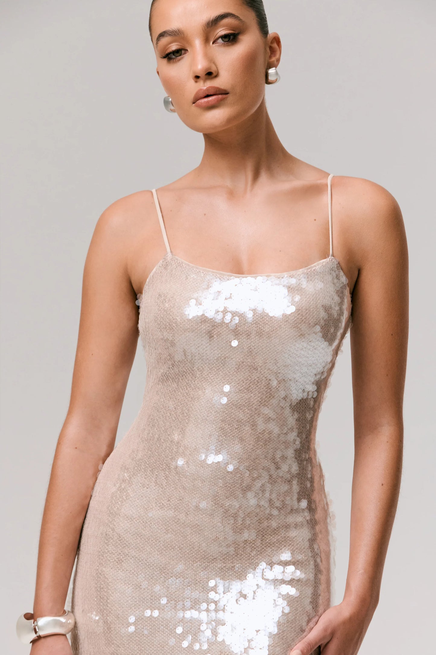 Vermont Nude Sequin Square-Neck Maxi Dress