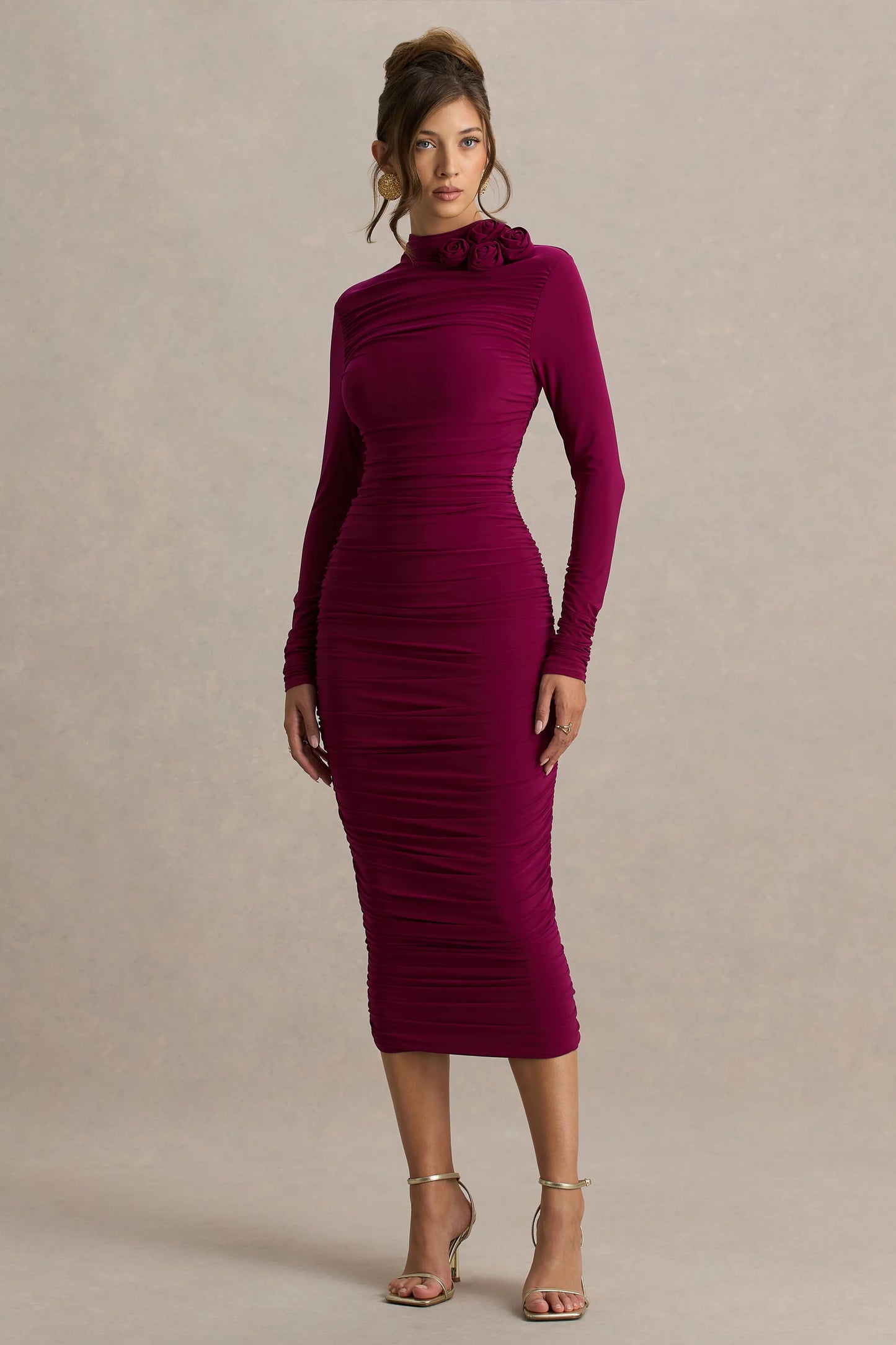 Tamara Burgundy Long-Sleeve Ruched Midi Dress