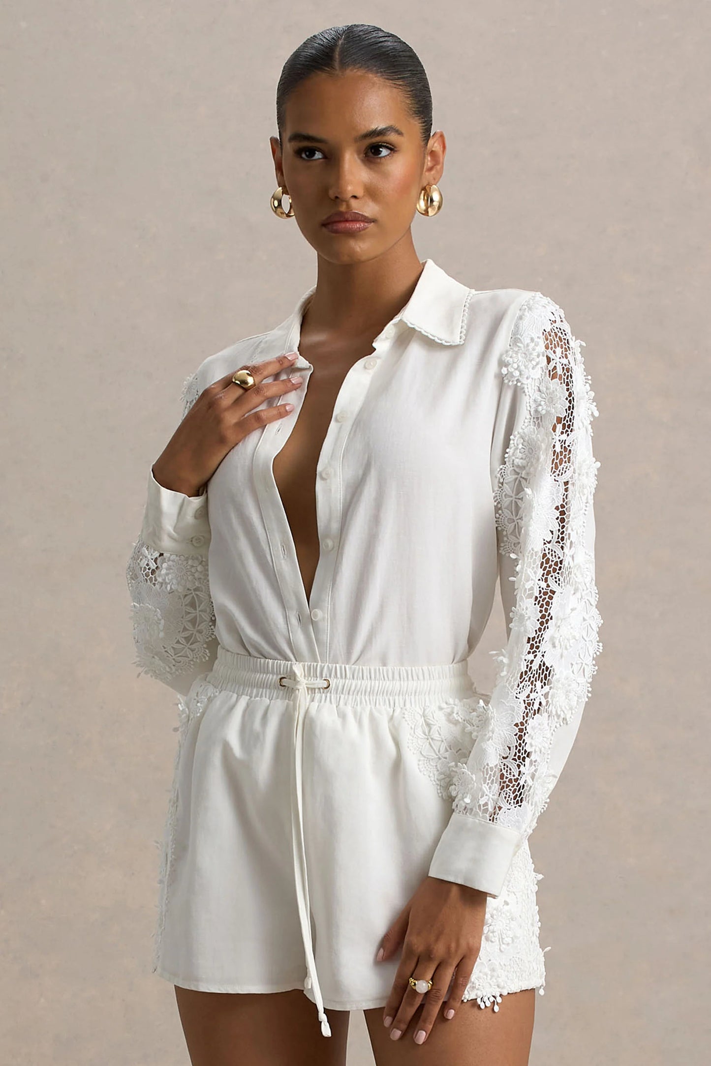 Coconut Ecru Button-Up Shirt With Lace Detail
