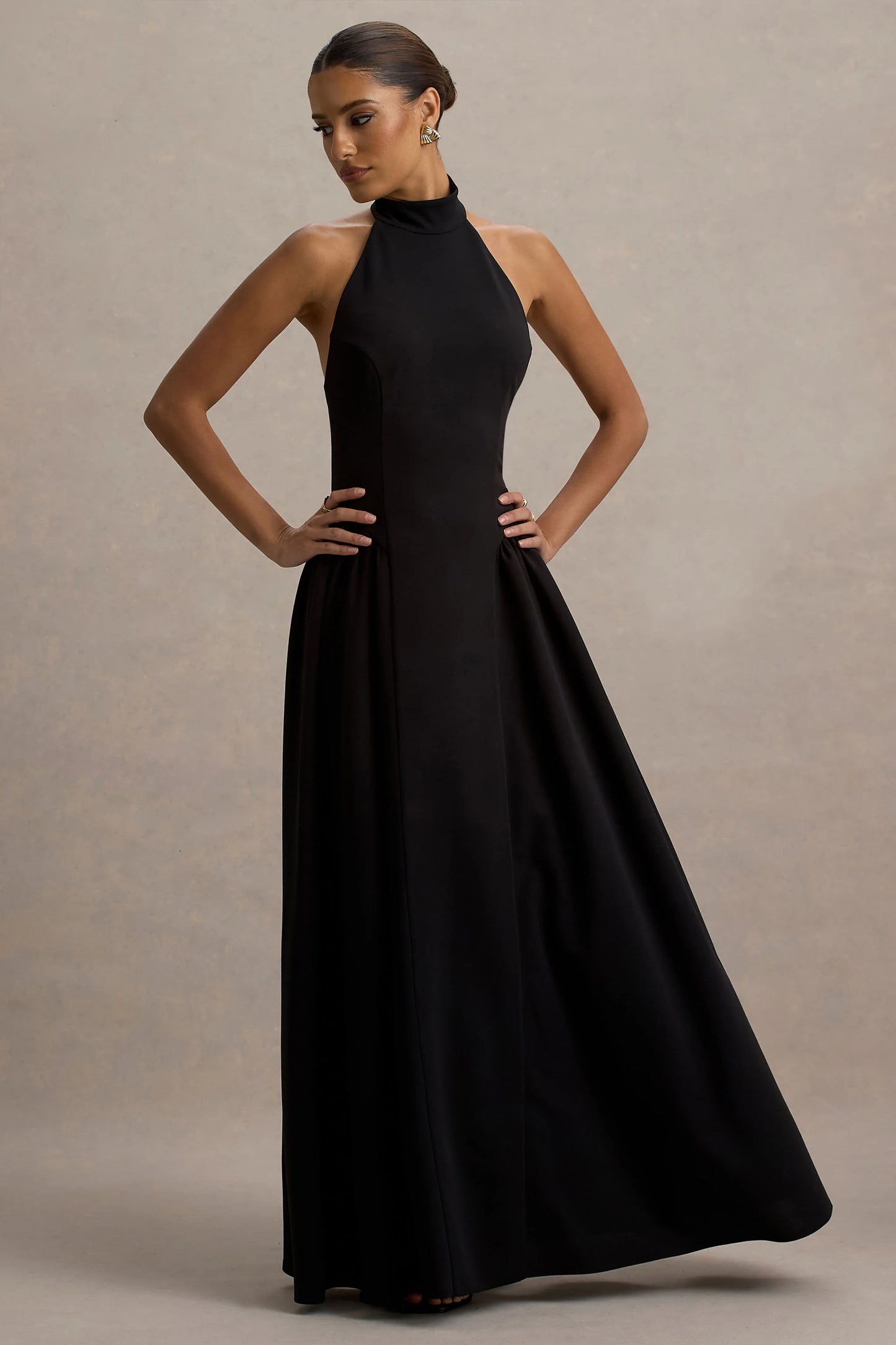 Cynthia Black High-Neck Maxi Dress With Volume Skirt