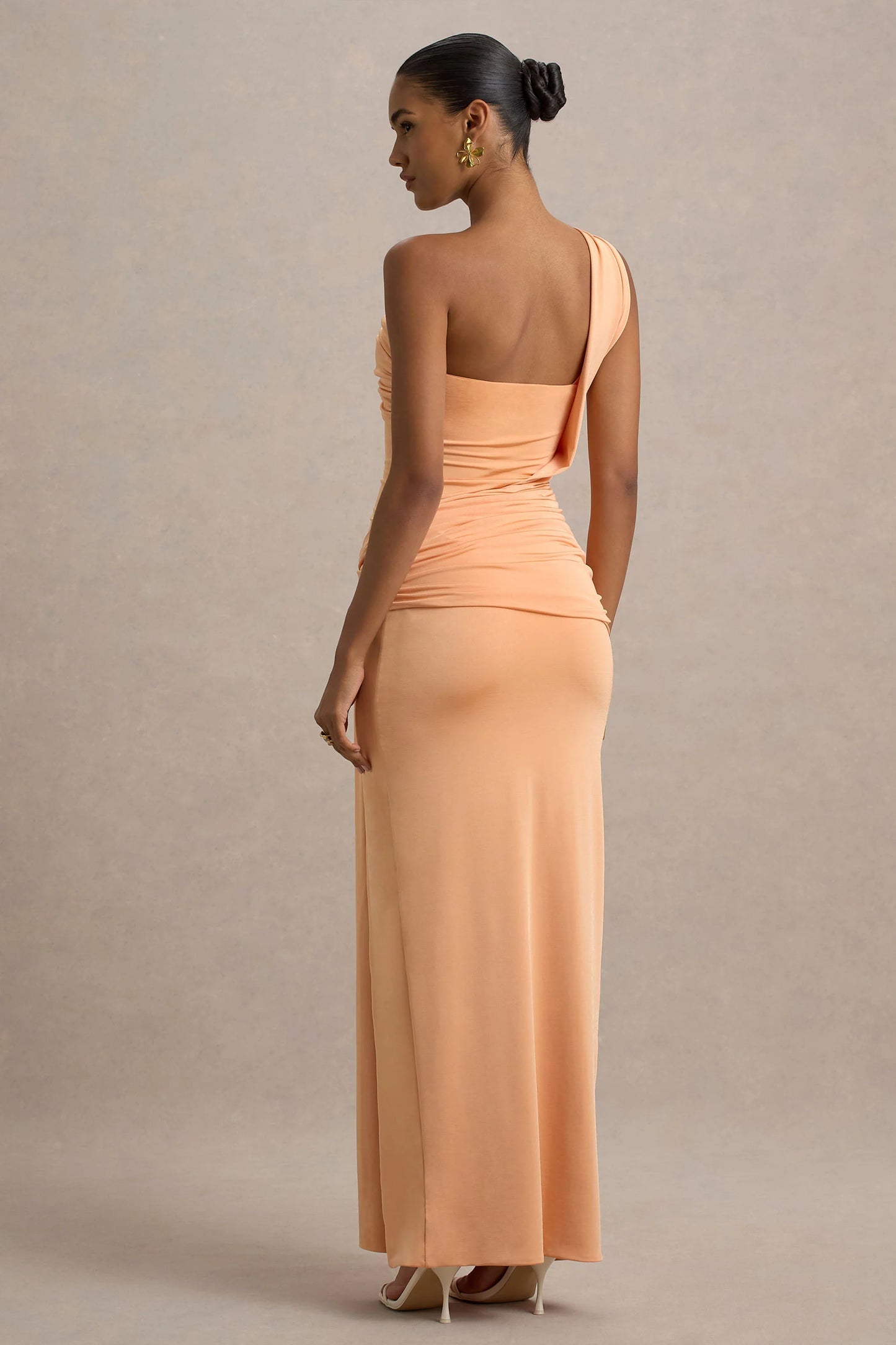 Erminia Peach One-Shoulder Twist Wrap Maxi Dress