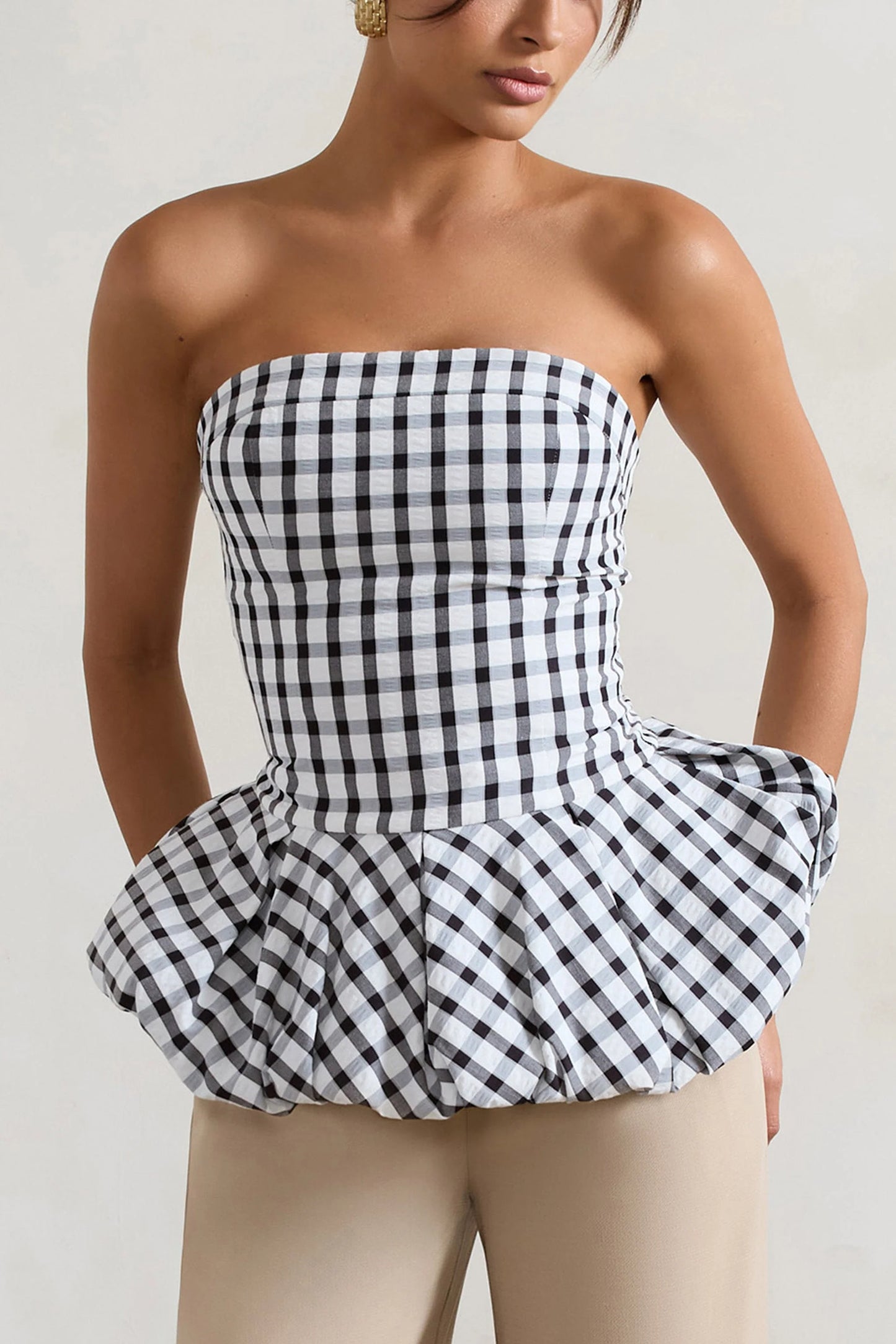 Roll With It Black & White Gingham Bandeau Ruffle Top
