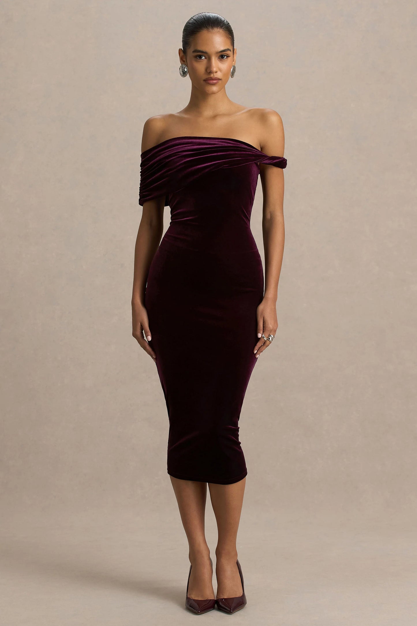 Billie Burgundy Velvet Bardot-Neck Midi Dress With Twist-Sleeve