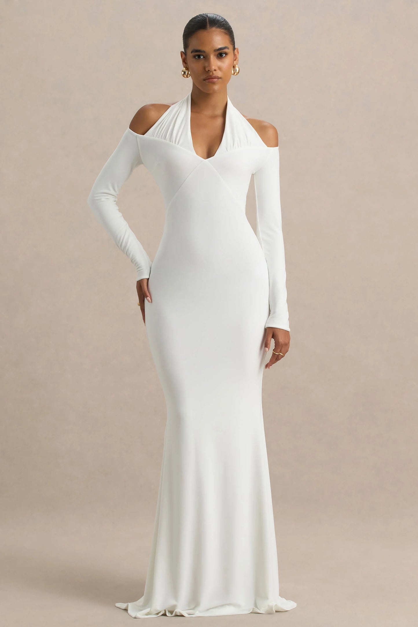 Living High White Halter-Neck Maxi Dress With Long Sleeves