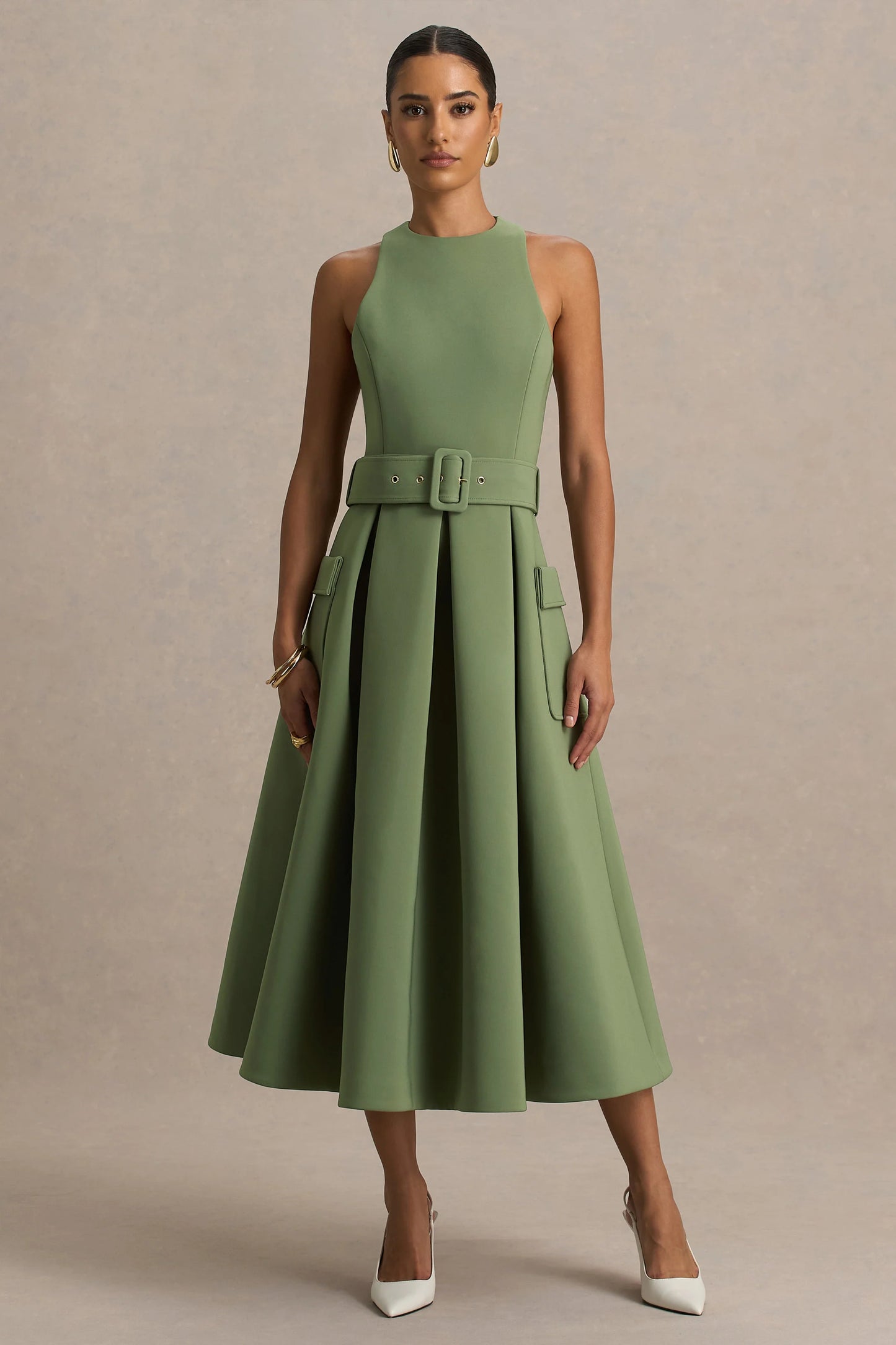 Elisia Olive Crew-Neck Belted Midi Dress