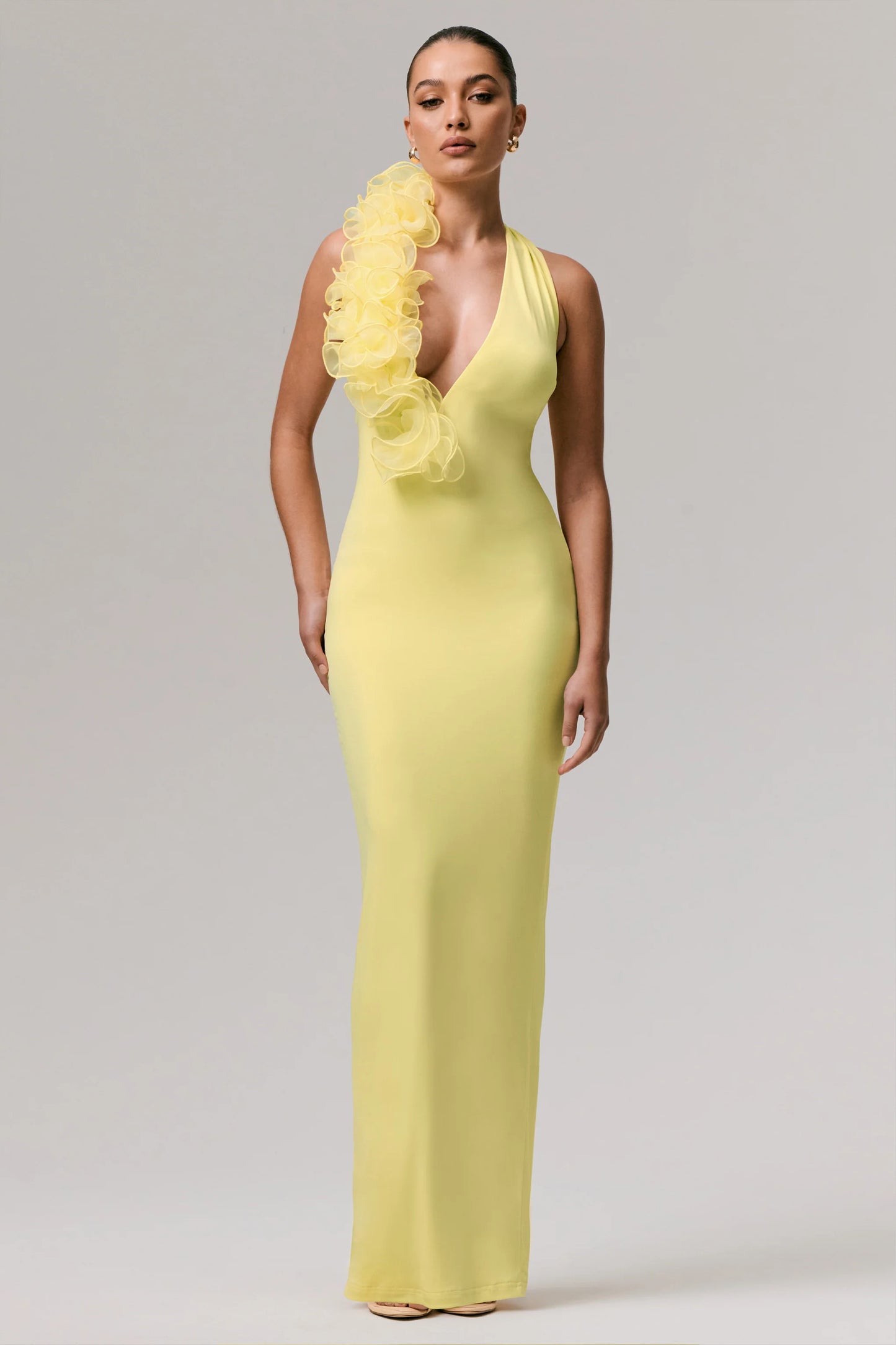 Harriet Lemon Plunge-Neck Maxi Dress With Floral Detail