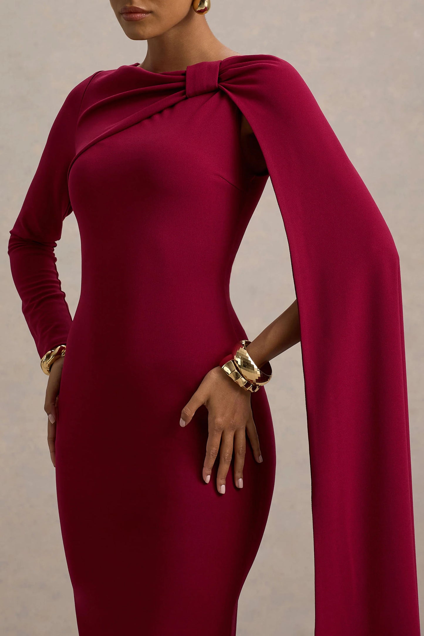 Frances Burgundy High-Neck Maxi Dress With Cape Detail