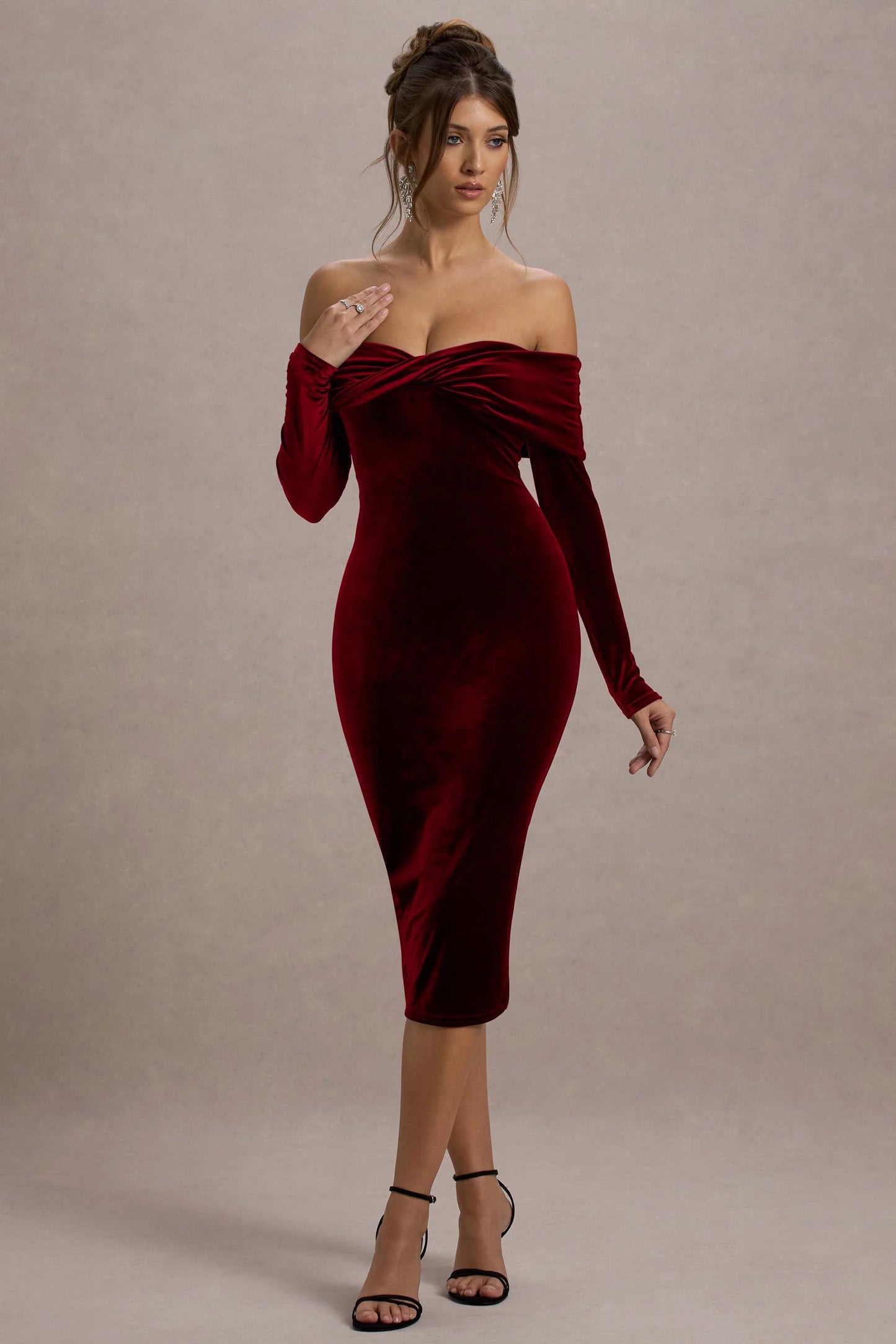 Compliment Berry Velvet Bardot Midi Dress
