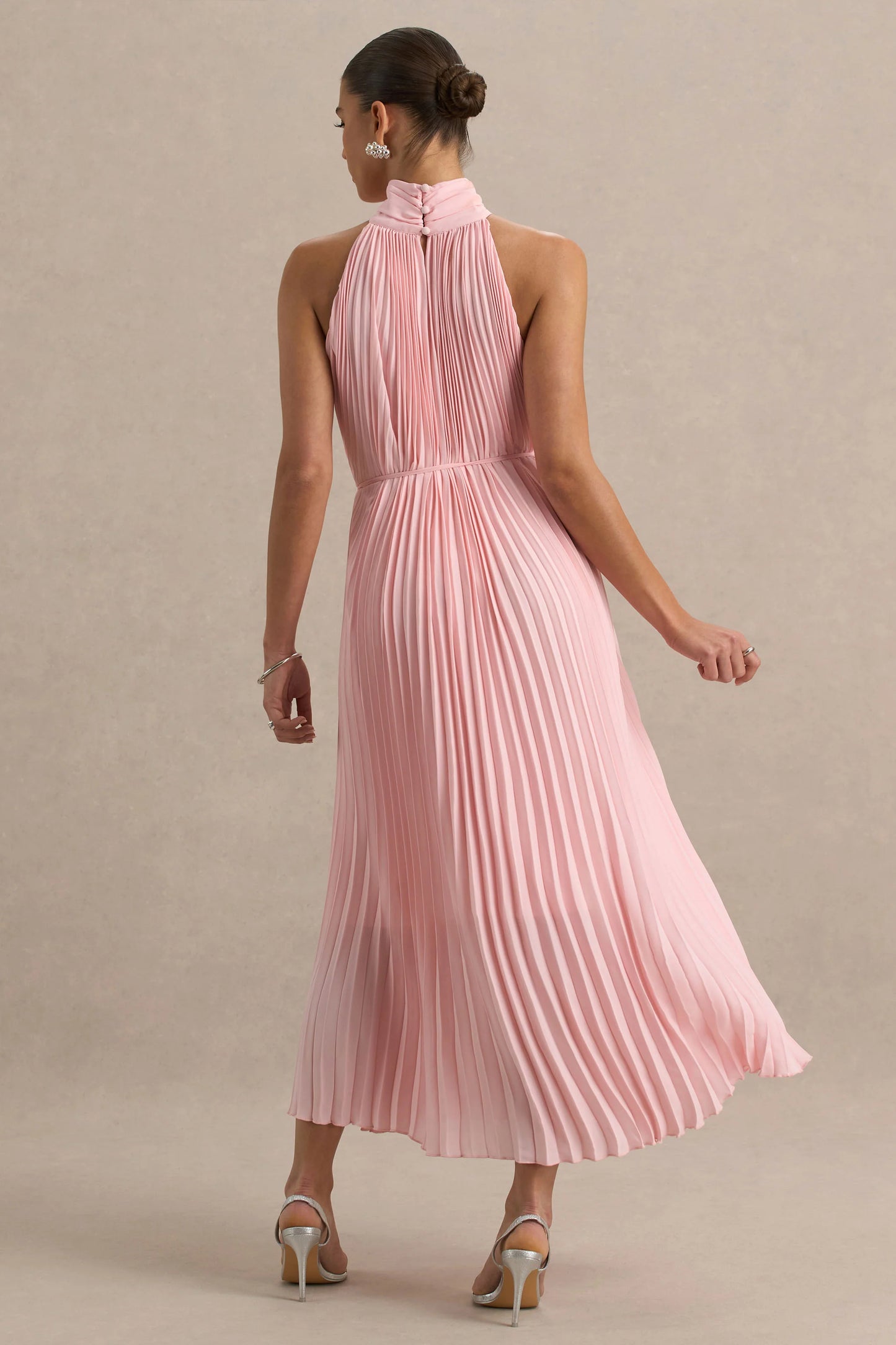 Tulip Blush Pink Pleated High-Neck Midi Dress