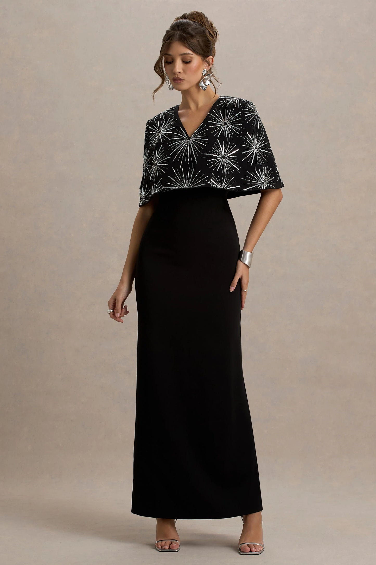 Agnella Black Embellished V-Neck Maxi Dress