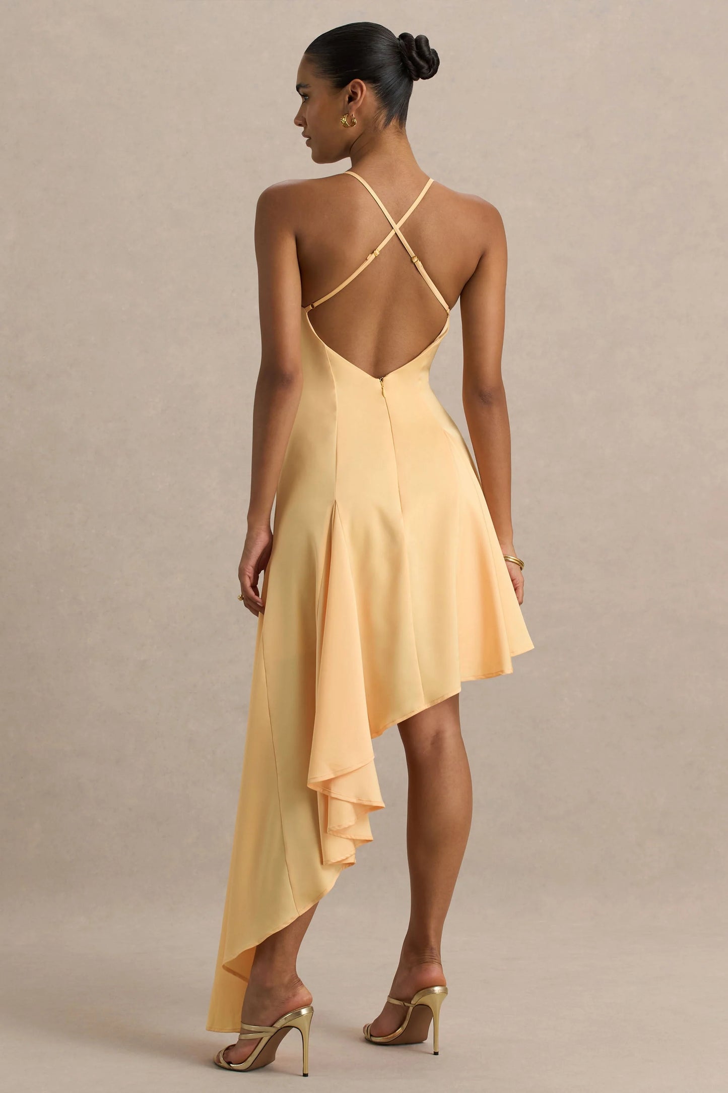 Glint Peach Satin Plunge-Neck Maxi Dress With Asymmetric Hem