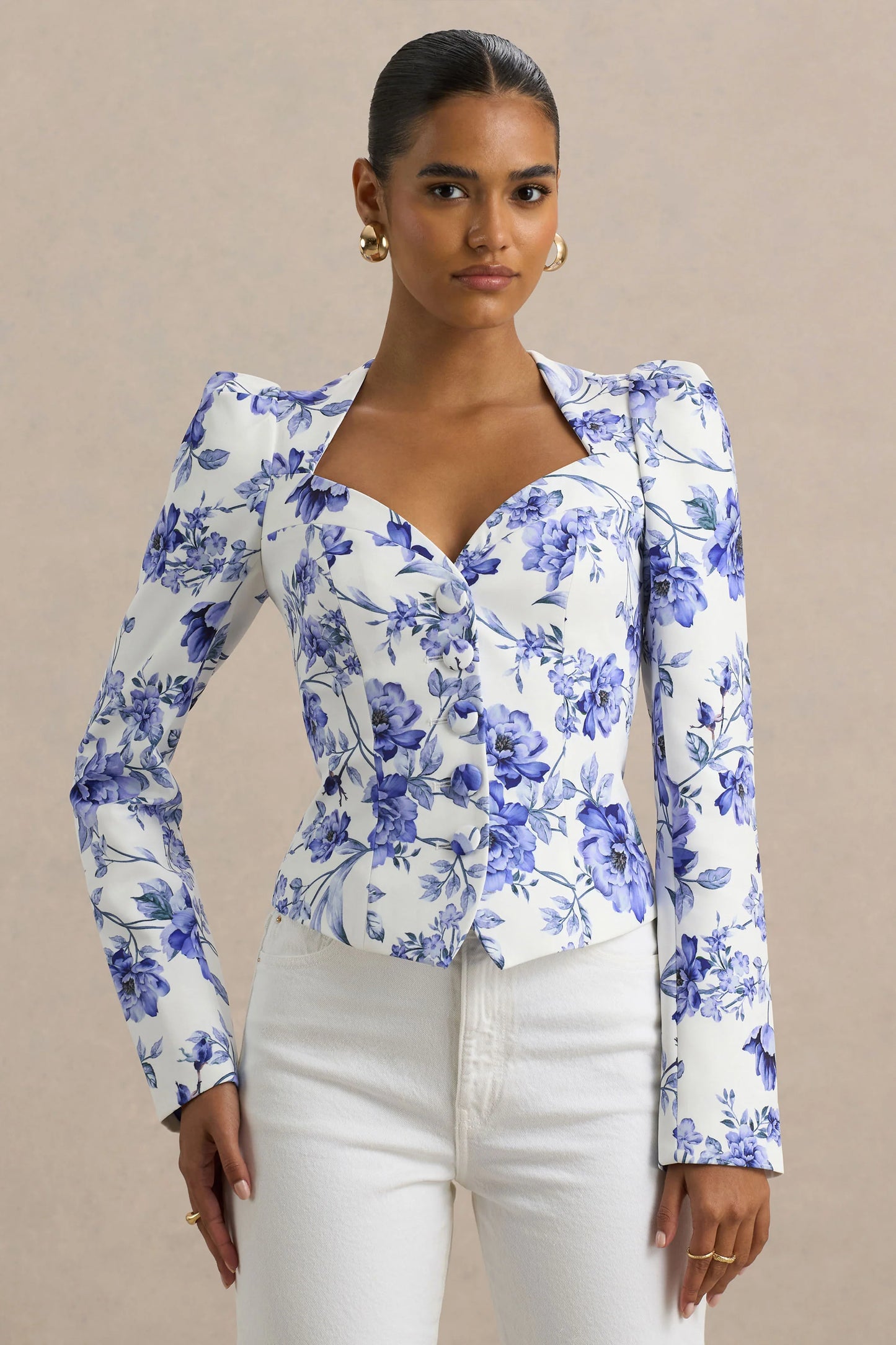 Olympia Blue Floral Print Sweetheart-Neck Tailored Top