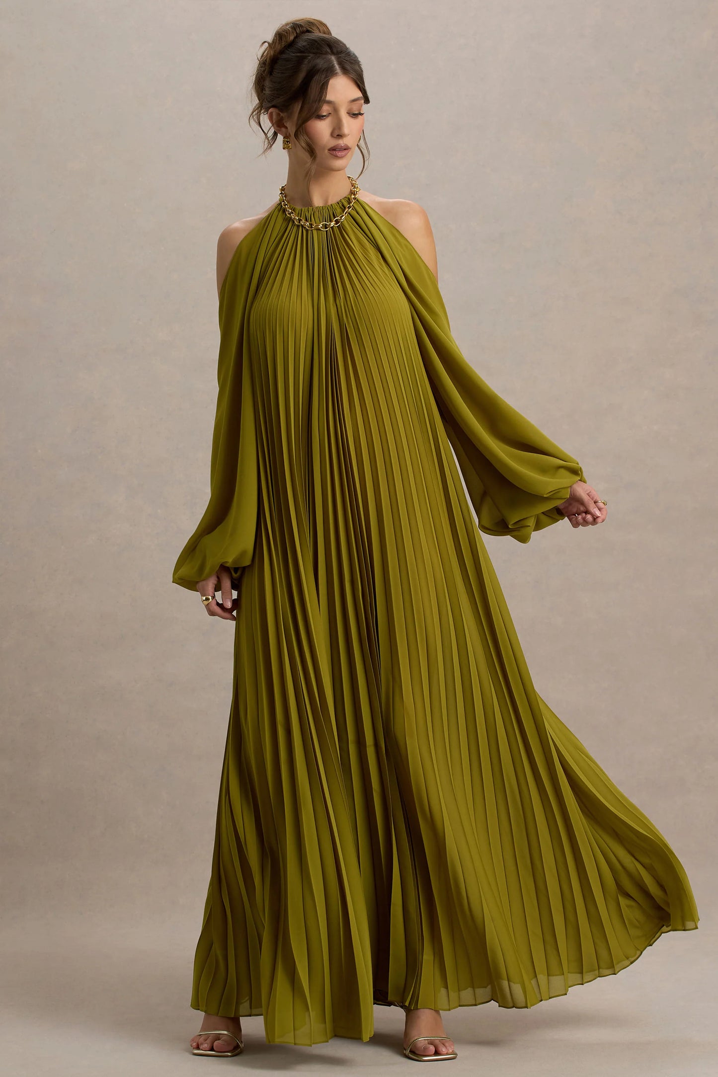 Reyna Olive Pleated Chiffon Cold-Shoulder Maxi Dress