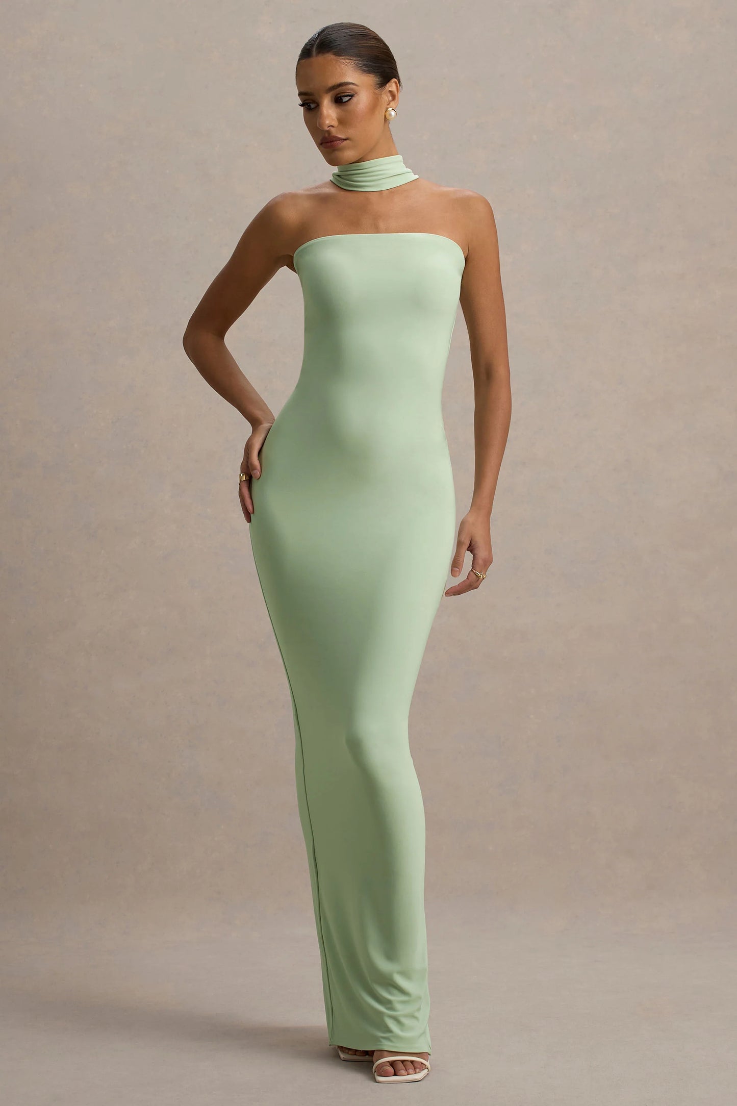 Nobu Light Green Bandeau Maxi Dress With Halter-Collar
