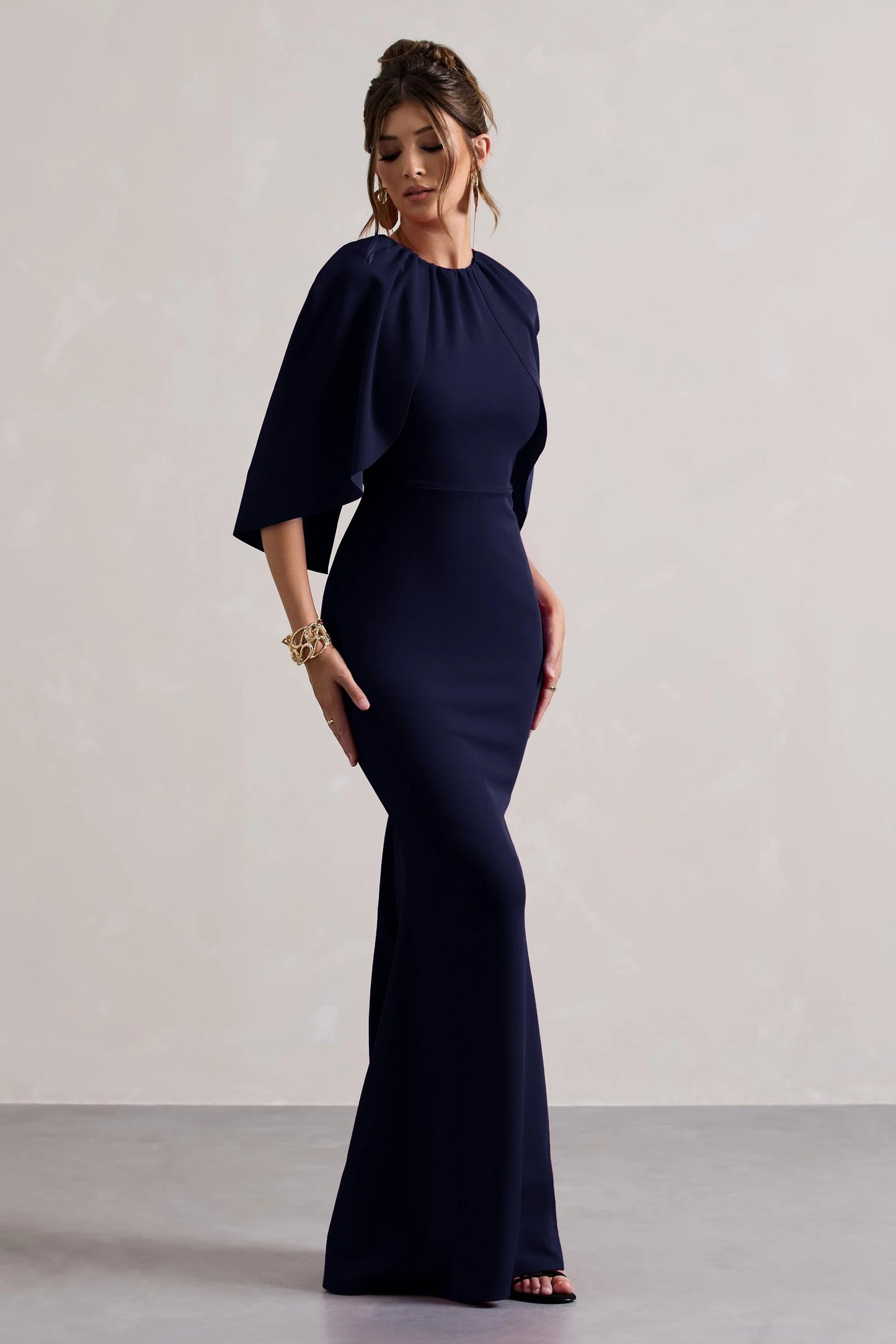 Kianne Navy Draped Short-Sleeve Maxi Dress