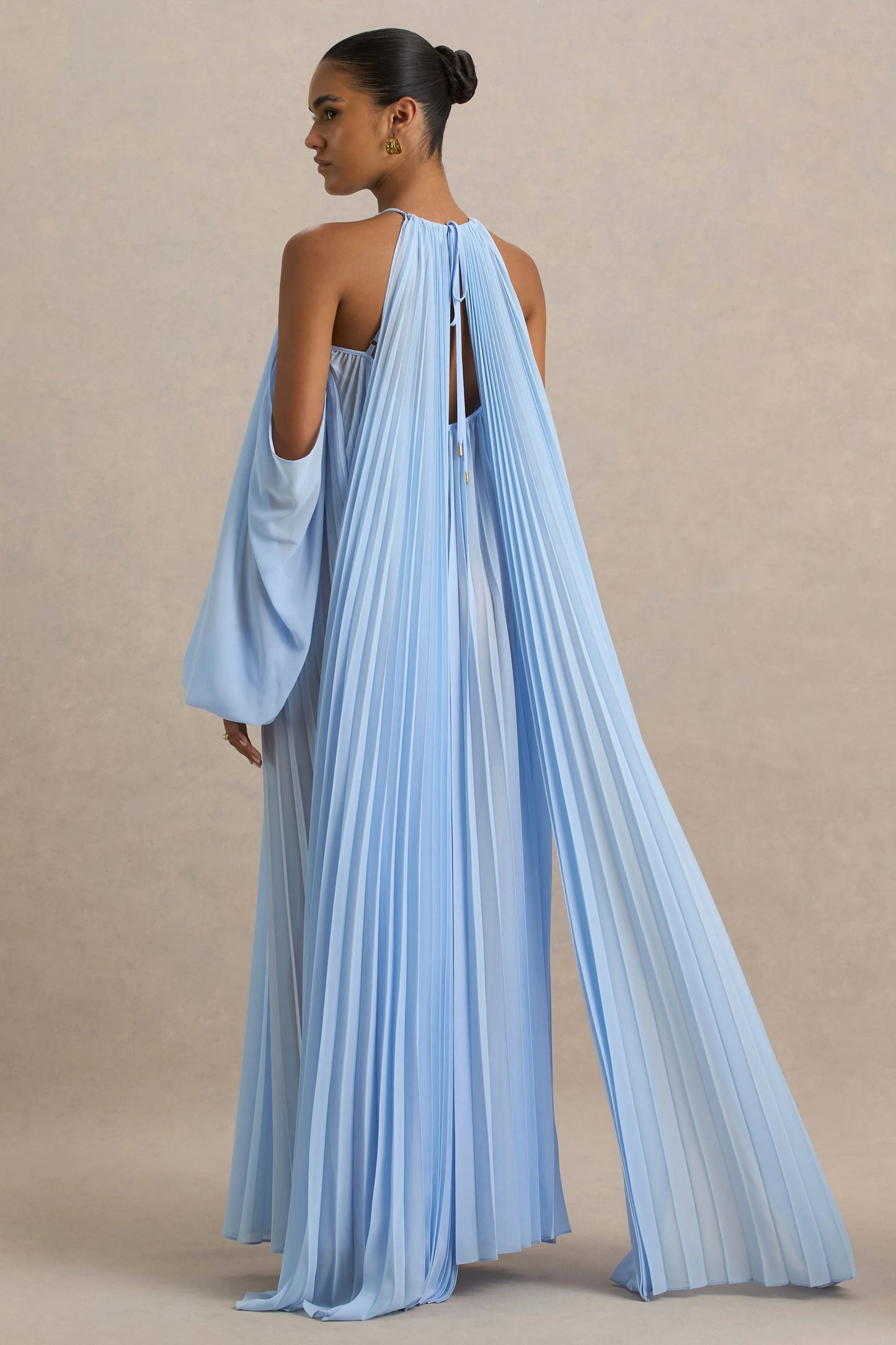 Reyna Powder Blue Pleated Chiffon Cold-Shoulder Maxi Dress