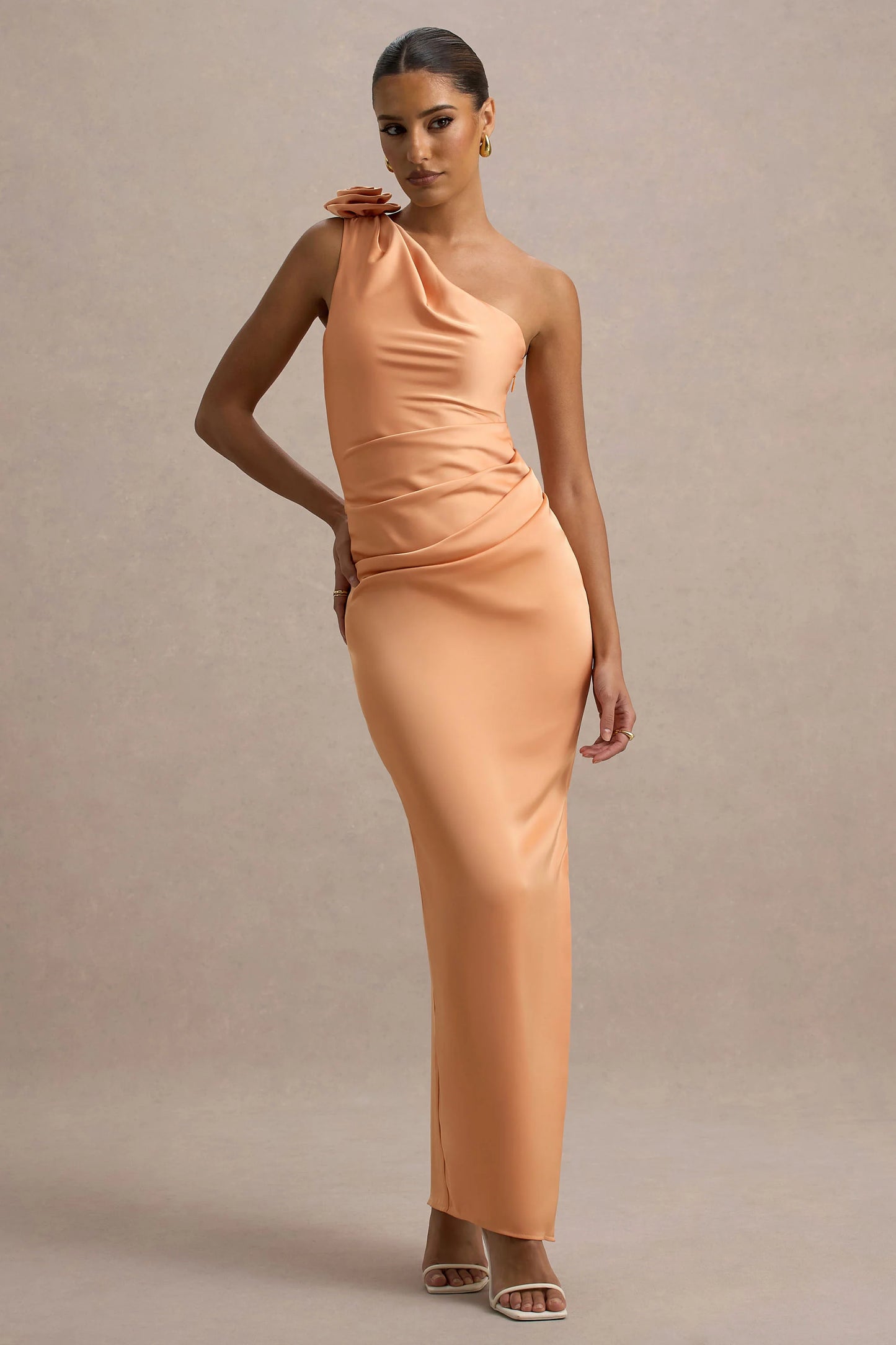 Janette Peach Satin One-Shoulder Split Maxi Dress With Corsage