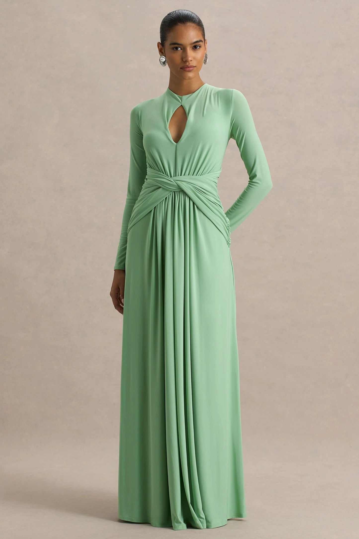 With Me Green High-Neck Maxi Dress With Ruched Detailing