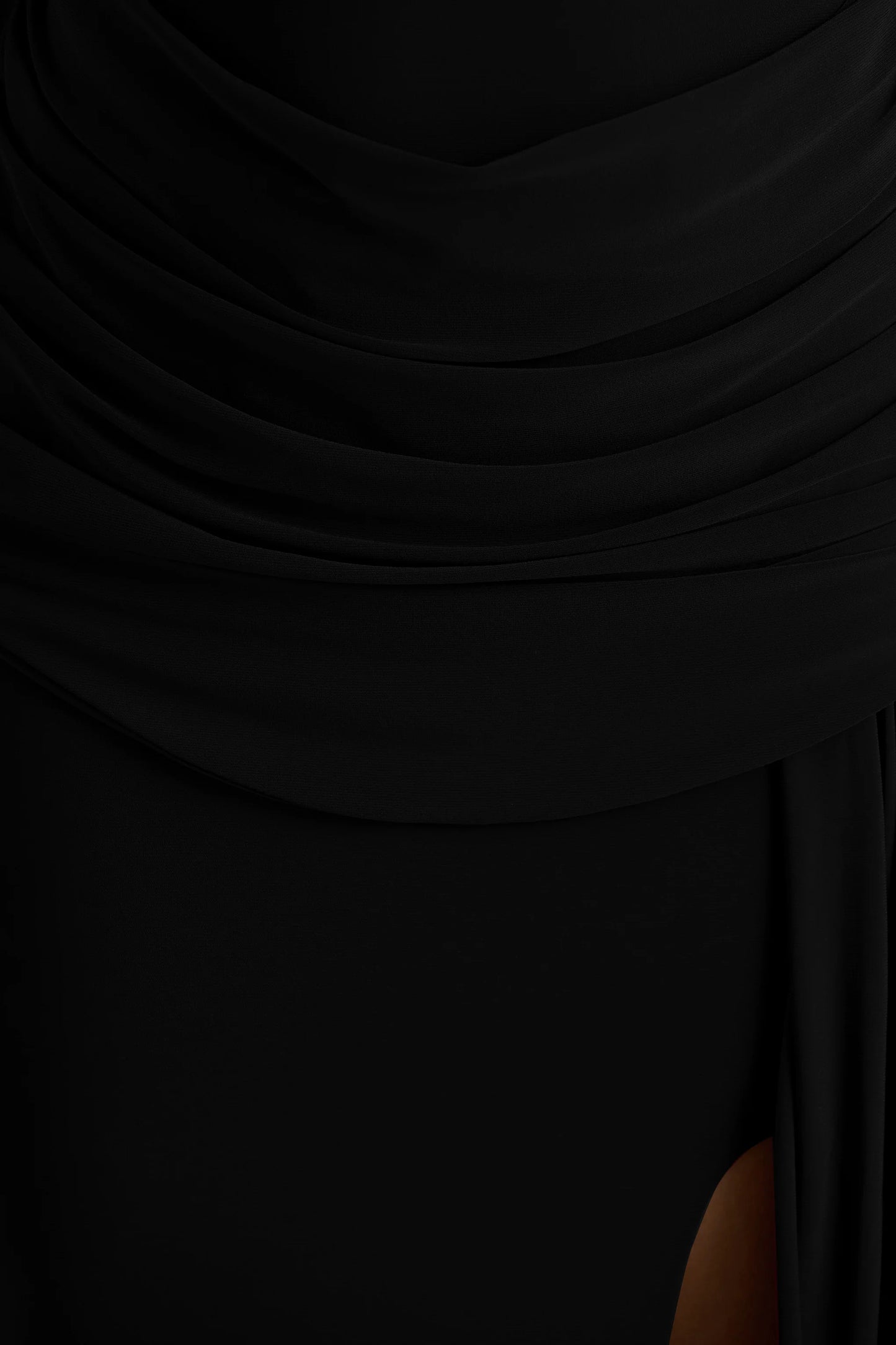 Dynasty Black Asymmetric-Neck Maxi Dress With Ruched Detailing And Front High-Split