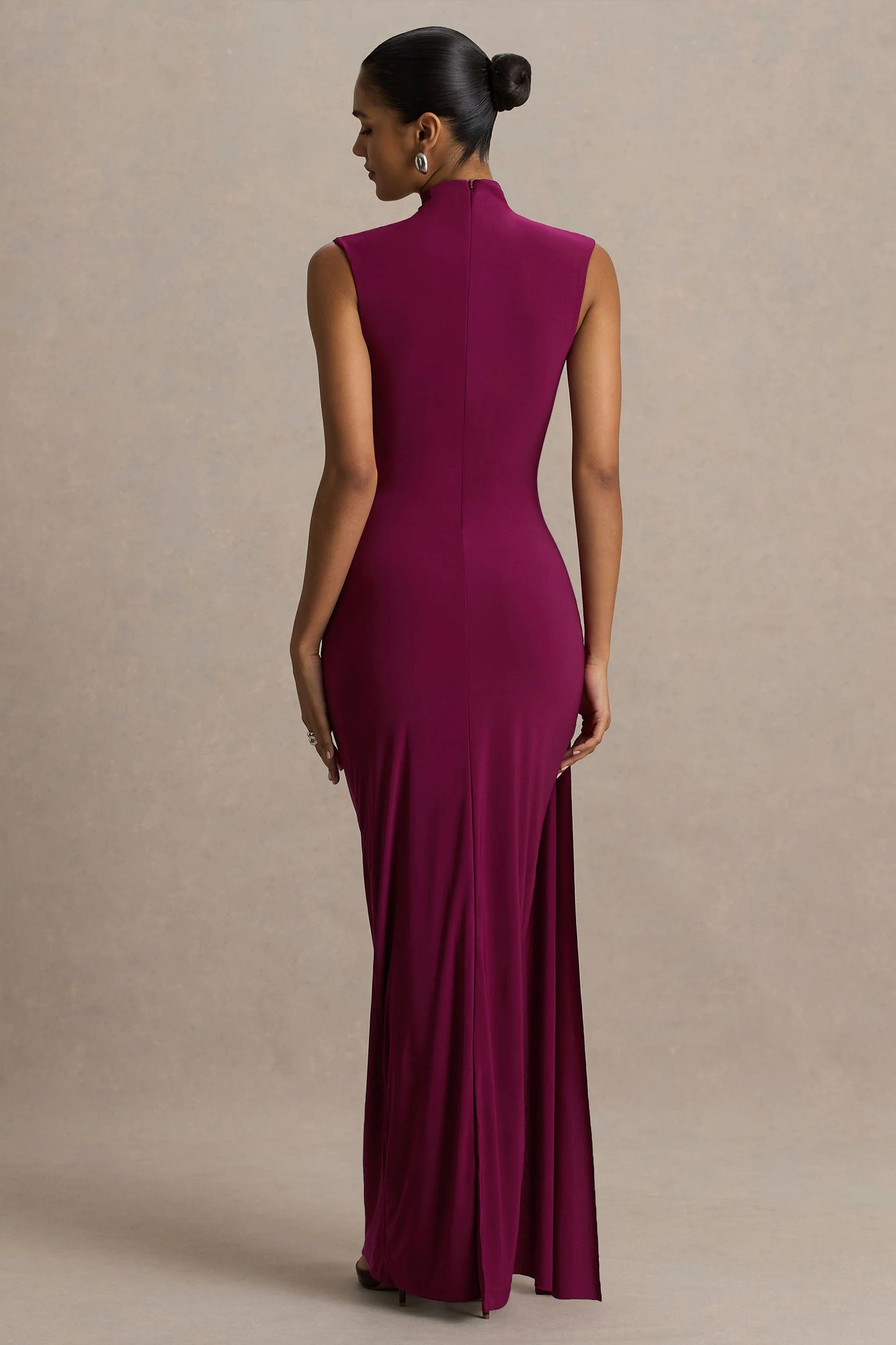 Solene Burgundy High-Neck Maxi Dress With Wrap And Drape Detail