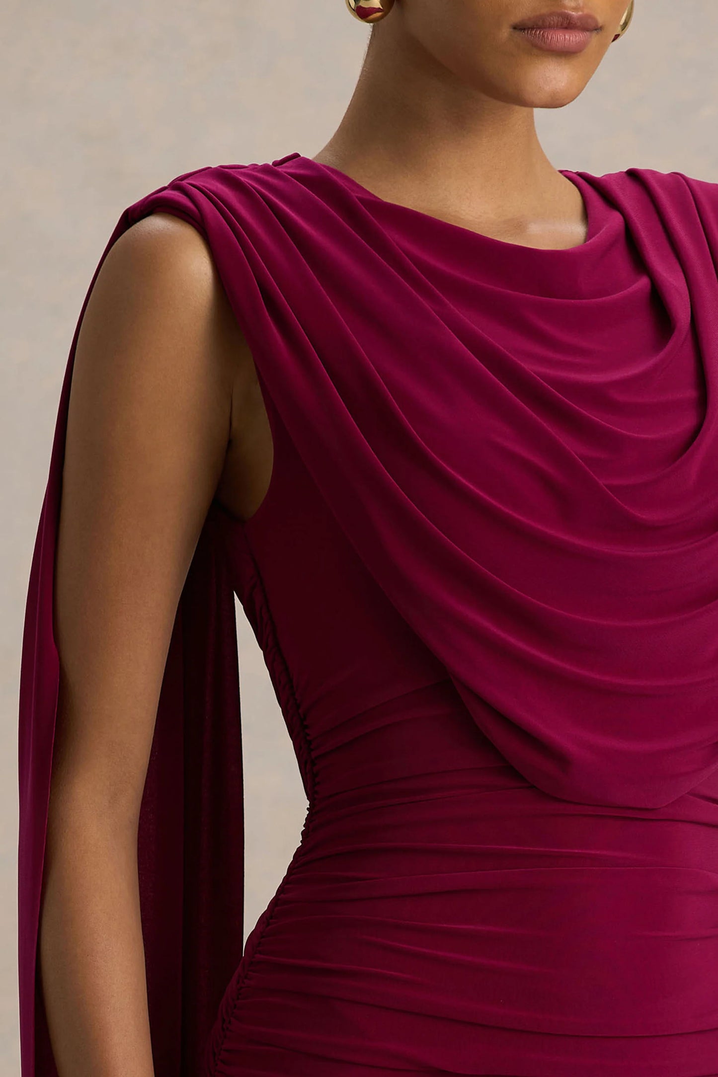 Wanderer Burgundy Crew-Neck Midi Dress With Draped and Ruched Detailing