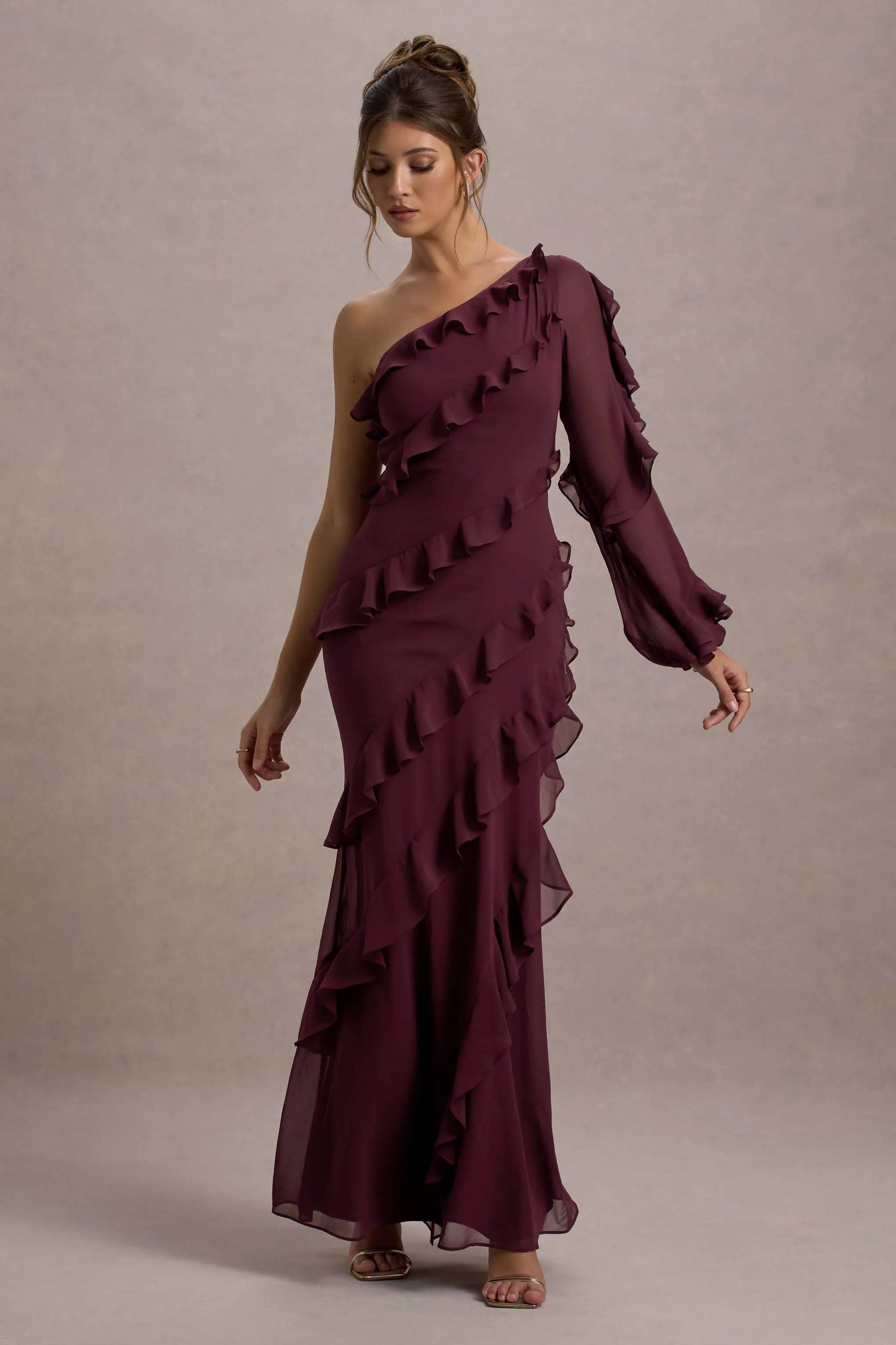 Lalika Burgundy Asymmetric One-Sleeve Ruffle Maxi Dress
