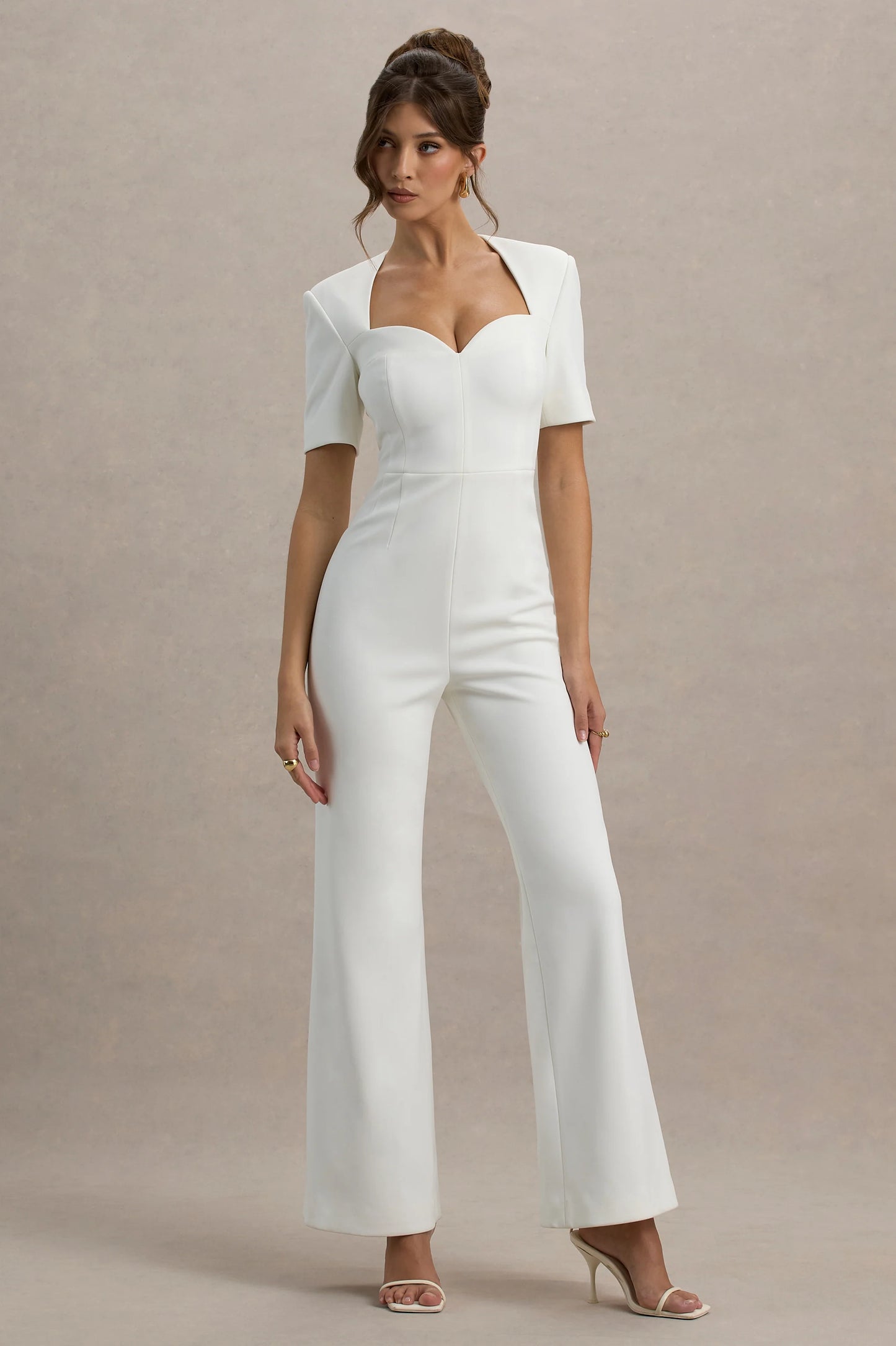 Simone White Sweetheart Short-Sleeve Wide-Leg Jumpsuit
