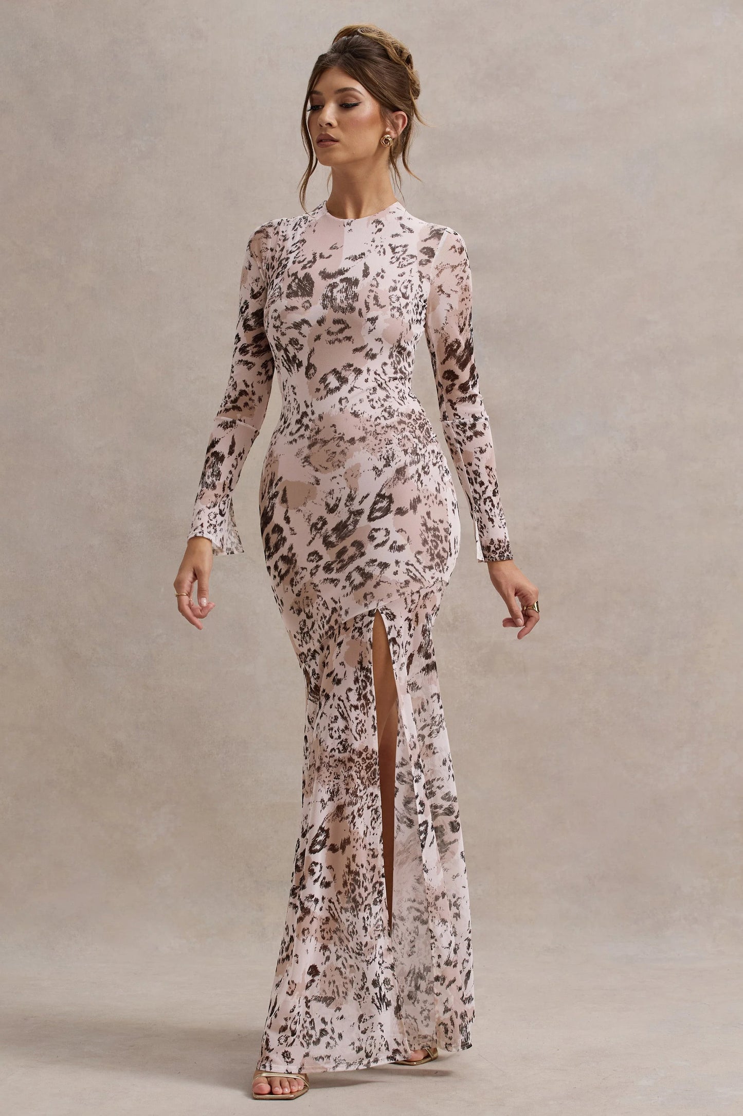 Tigerlily Leopard Print Mesh Long-Sleeve Open-Back Maxi Dress