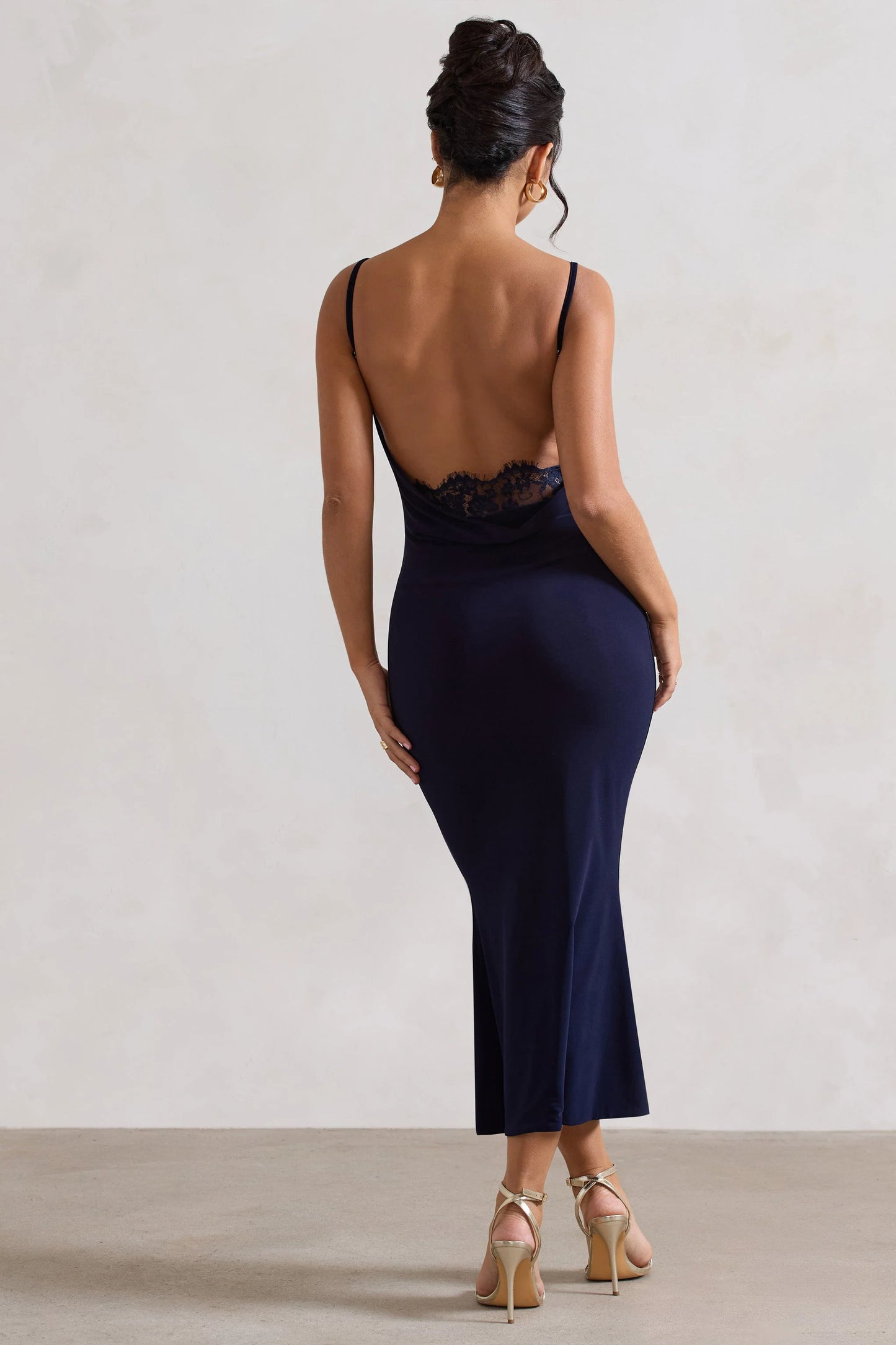Addison Navy Cowl-Neck Open-Back Midi Dress With Lace