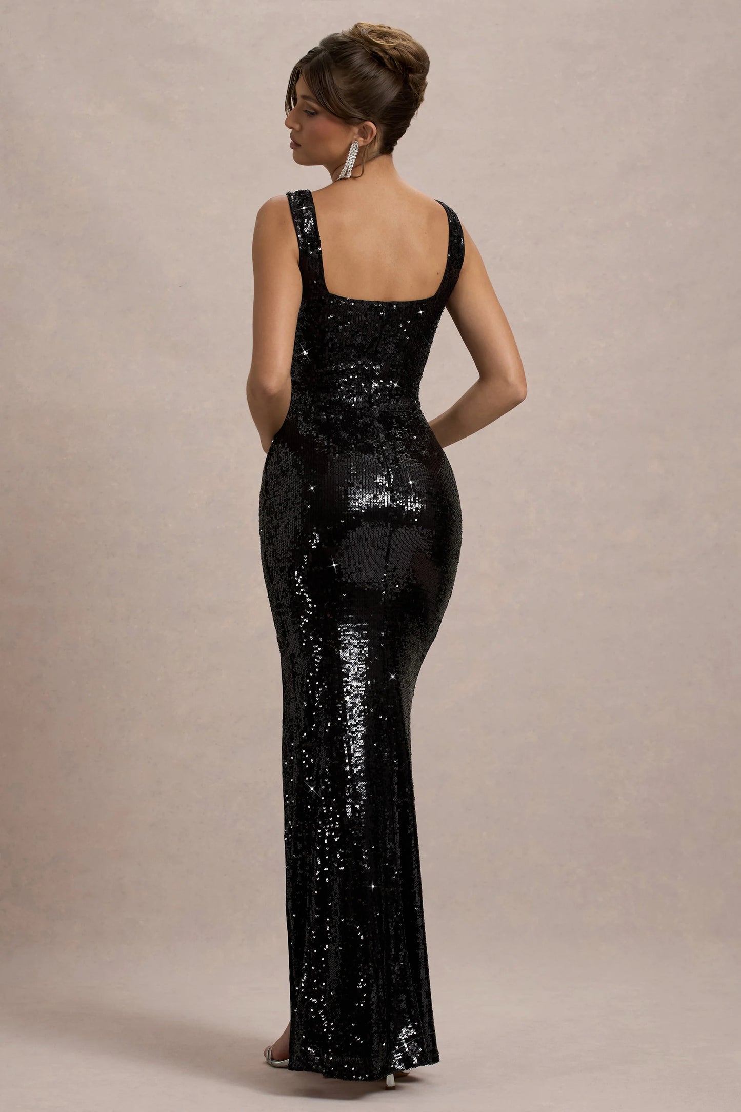 High Life Black Sequin Square Neck Split Front Maxi Dress