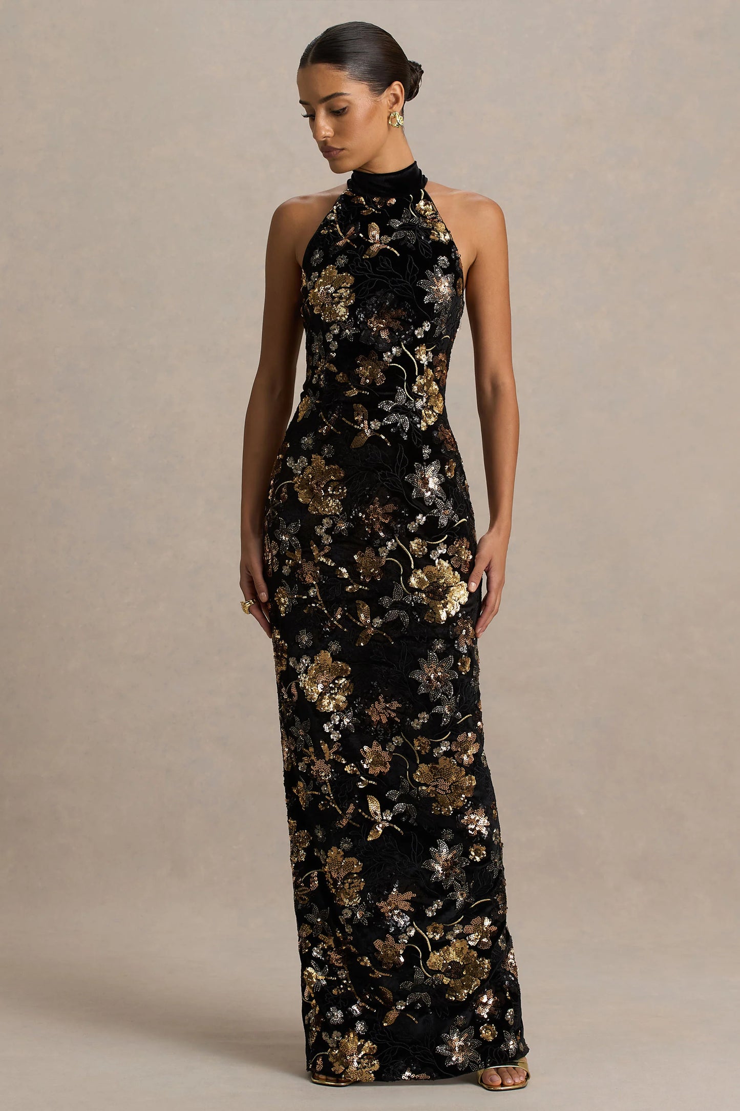 Tate Black Velvet Halter-Neck Maxi Dress With Bronze Floral Sequin Embellishments