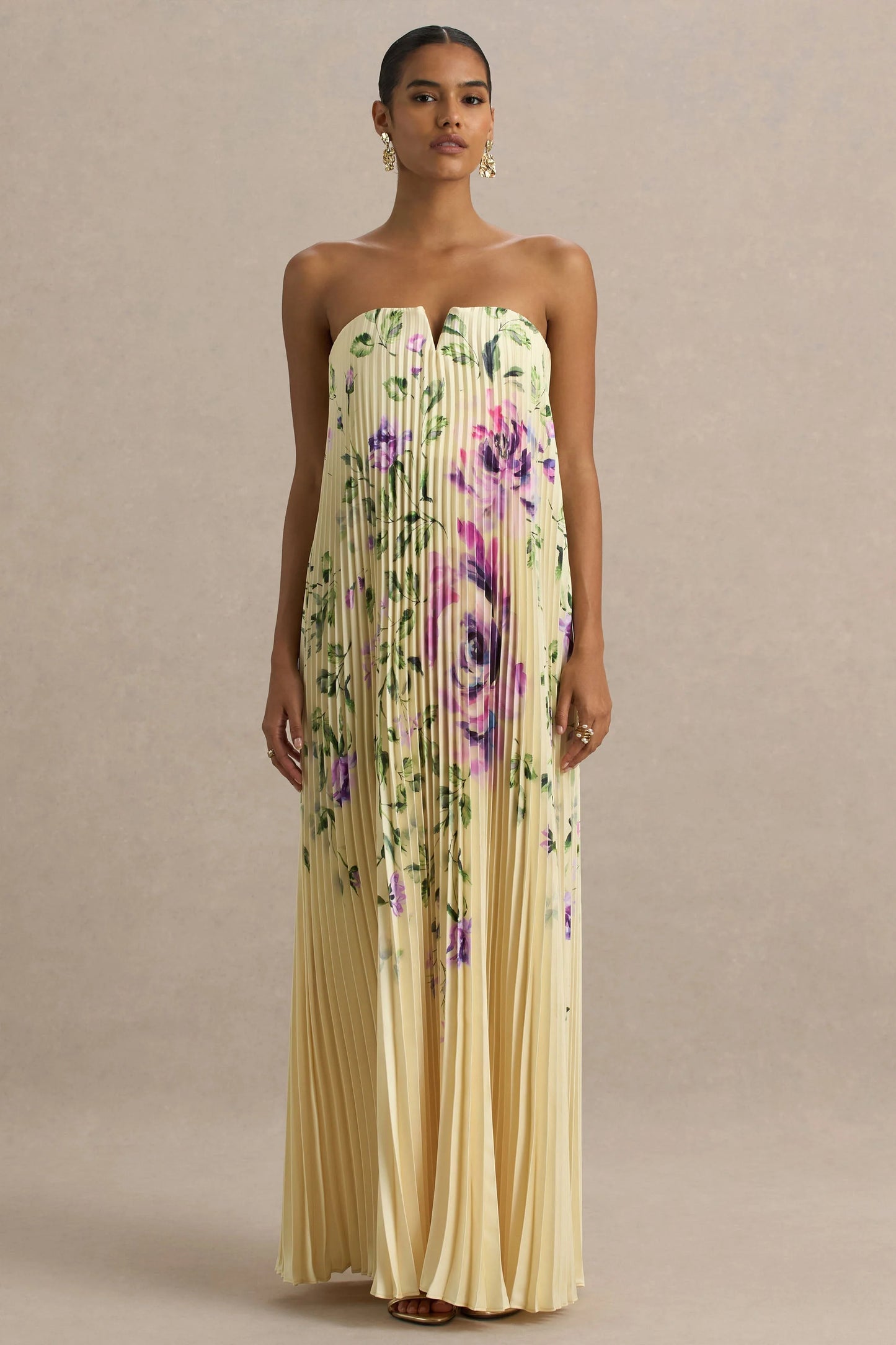 Bergamot Lemon Rose Print Satin Sweetheart Maxi Dress