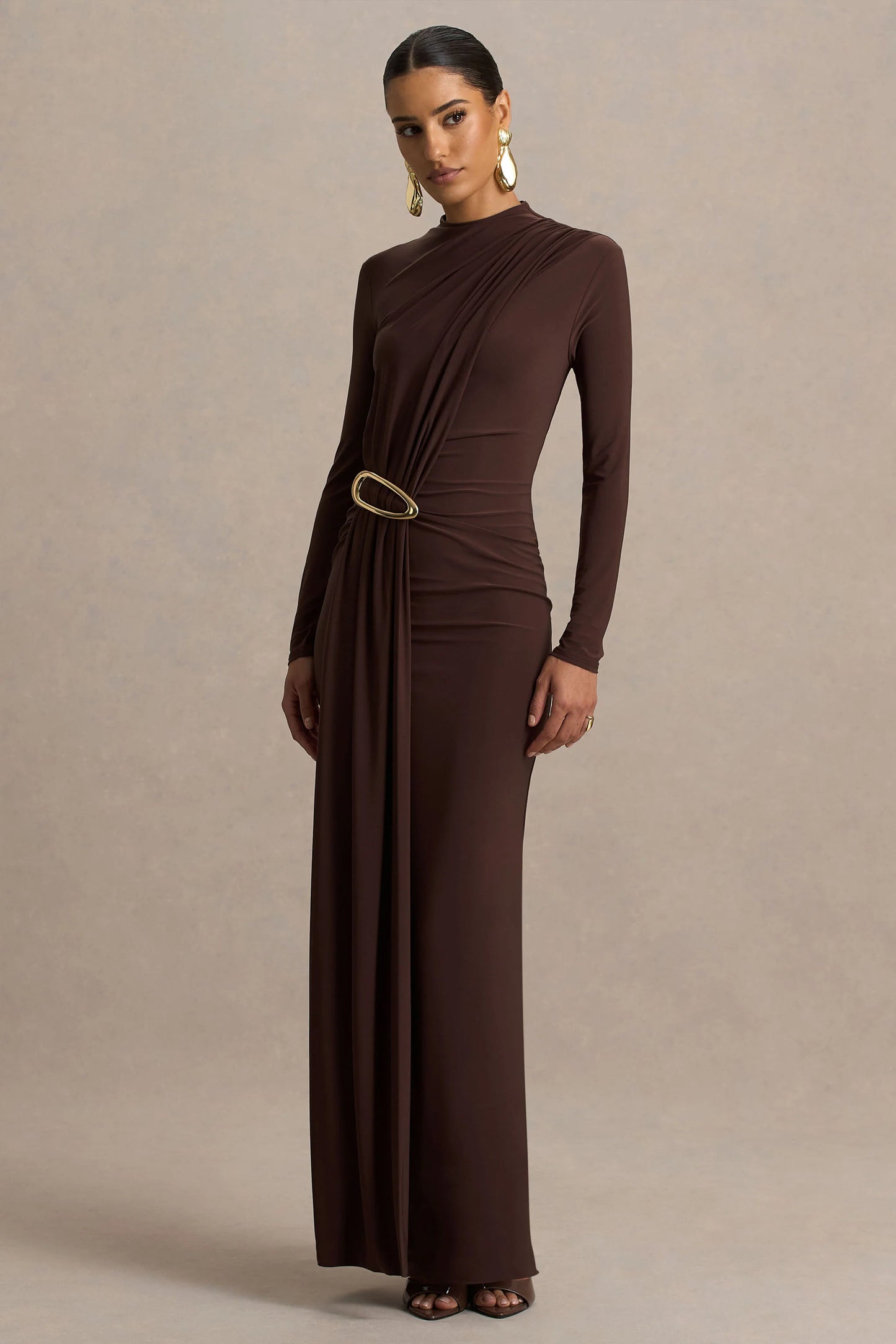 Zadie Brown High-Neck Maxi Dress With Gathered-Detail