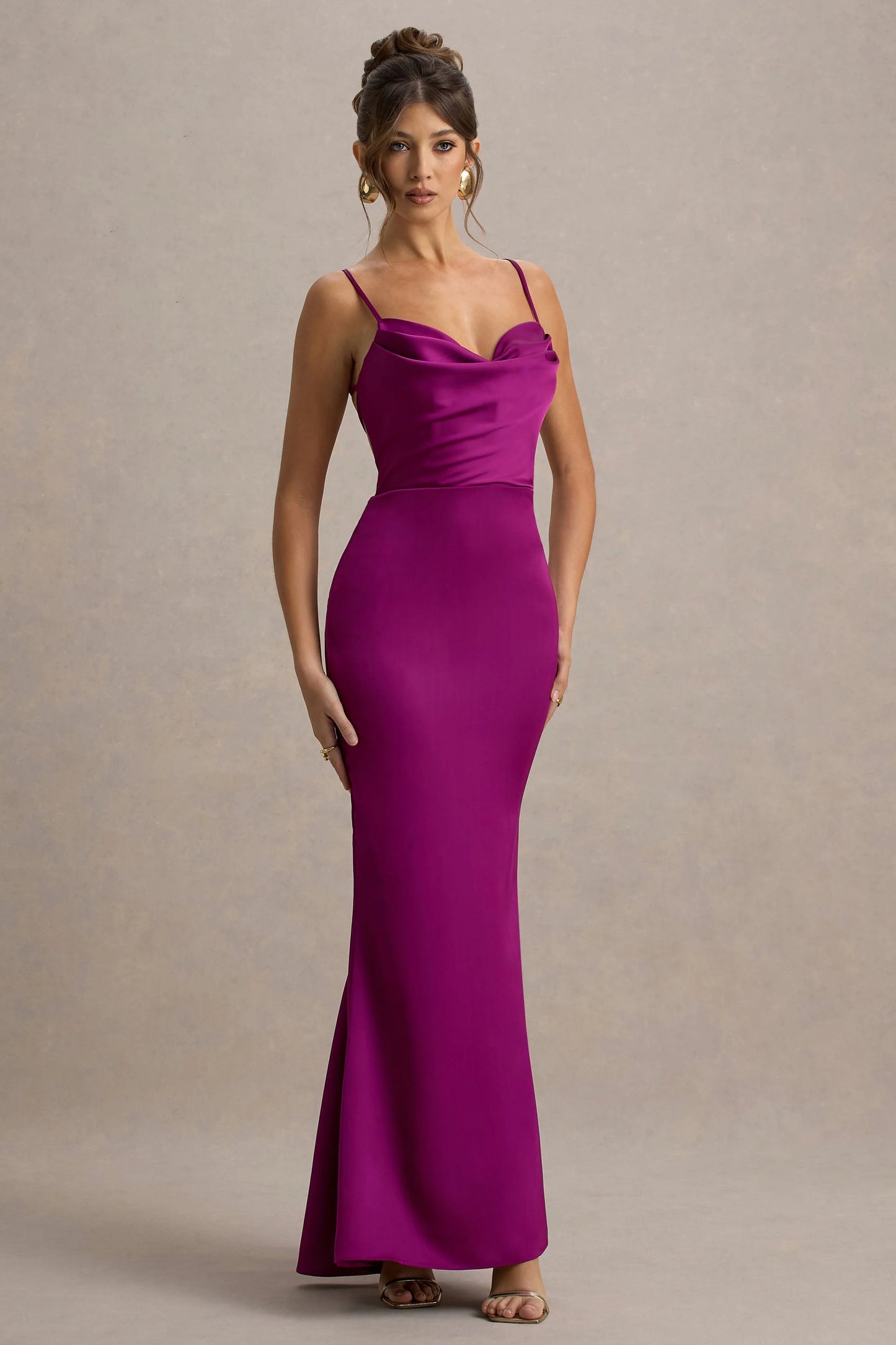 Gia Dark Pink Satin Cowl-Neck Maxi Dress
