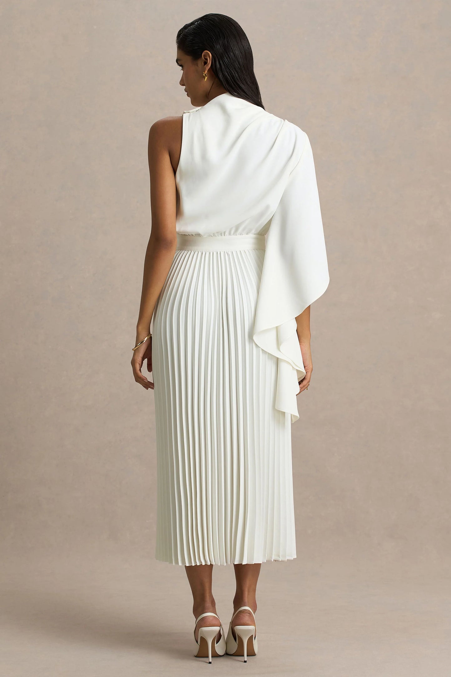 Jimena Cream High-Neck Midi Dress With One-Long Sleeve And Pleated Detailing