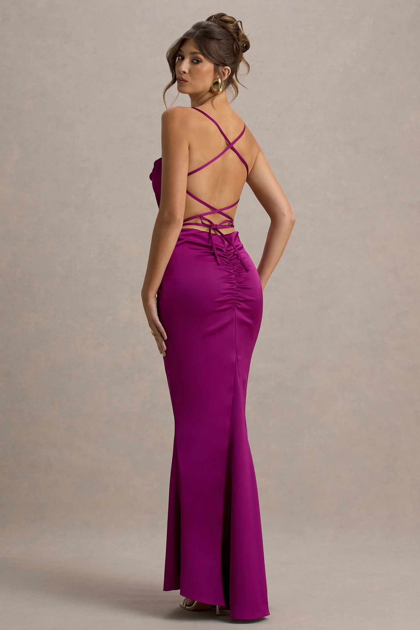 Gia Dark Pink Satin Cowl-Neck Maxi Dress