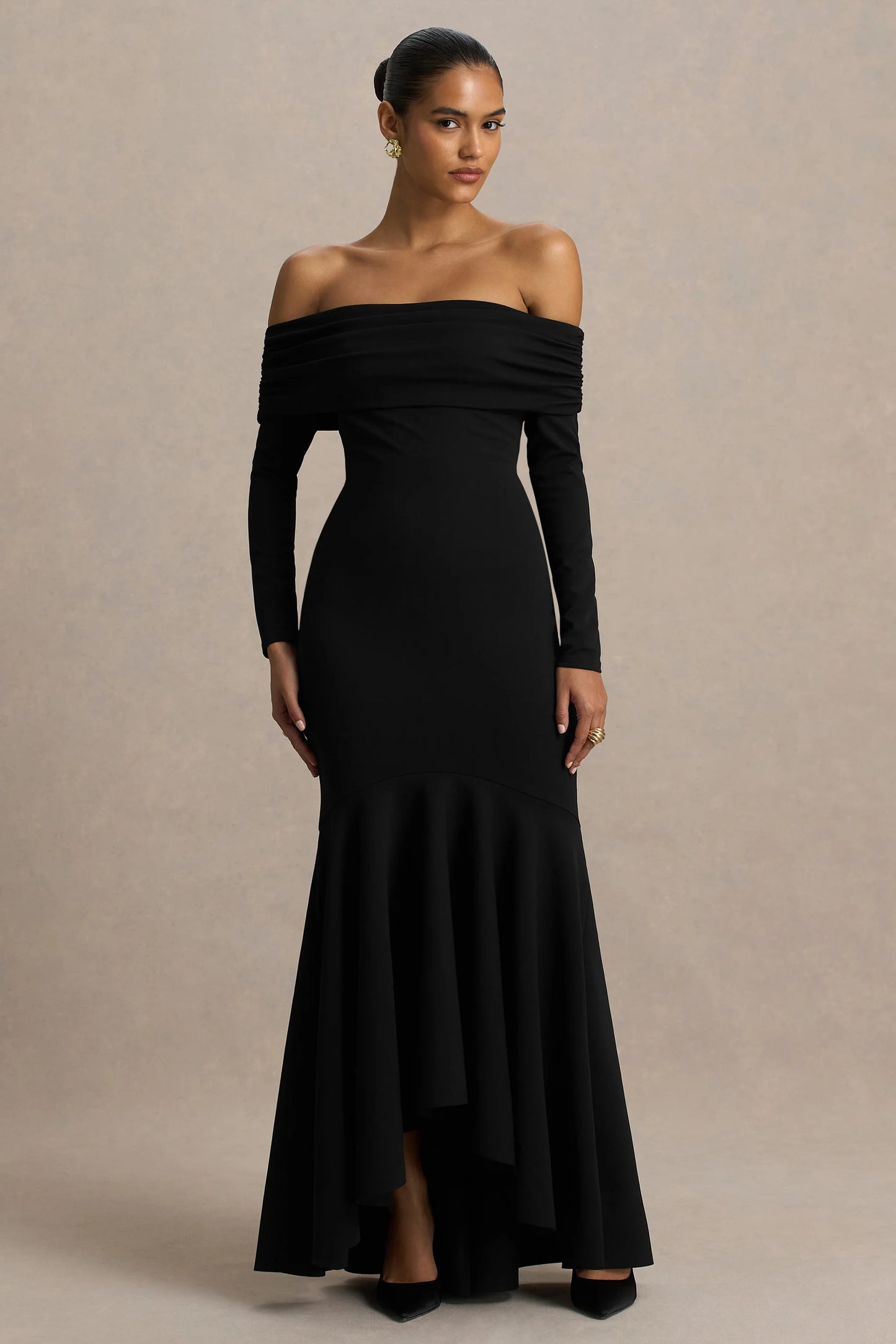 Everlasting Black Bardot-Neck Maxi Dress With Pleated Detailing