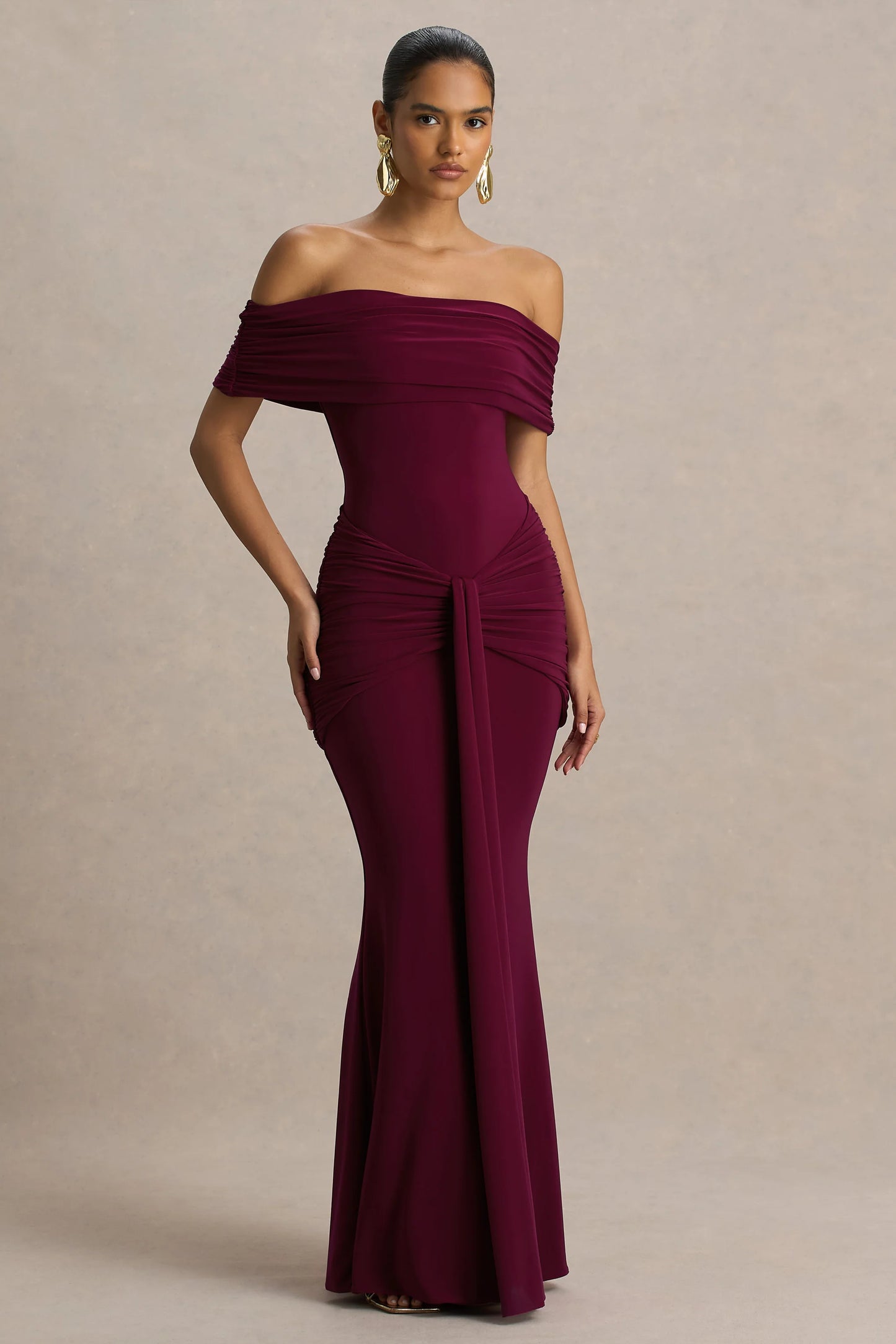 Envisioned Burgundy Bardot-Neck Maxi Dress With Gathered And Drape Detail