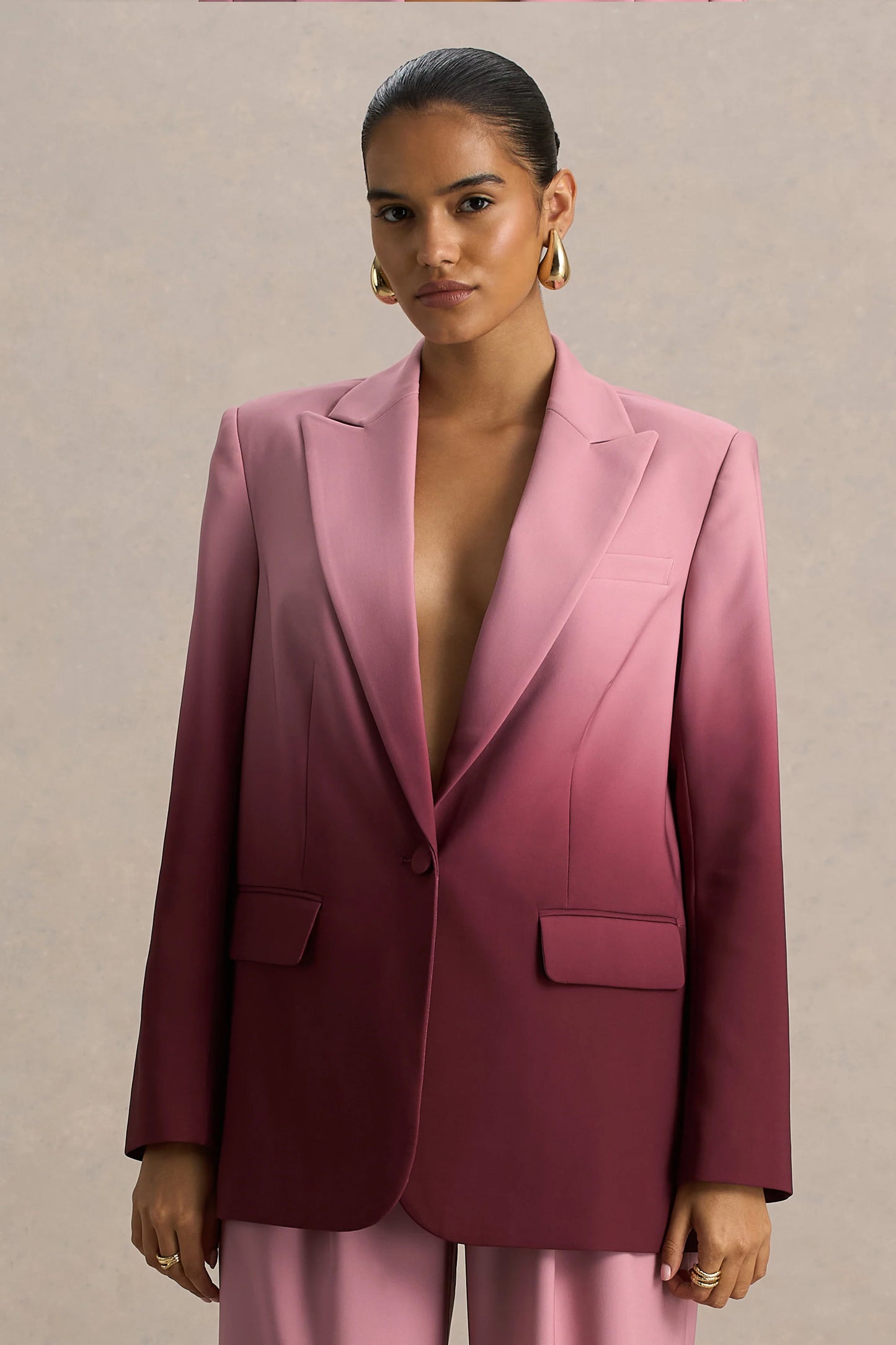 Enya Cherry Ombre Plunge-Neck Satin Blazer