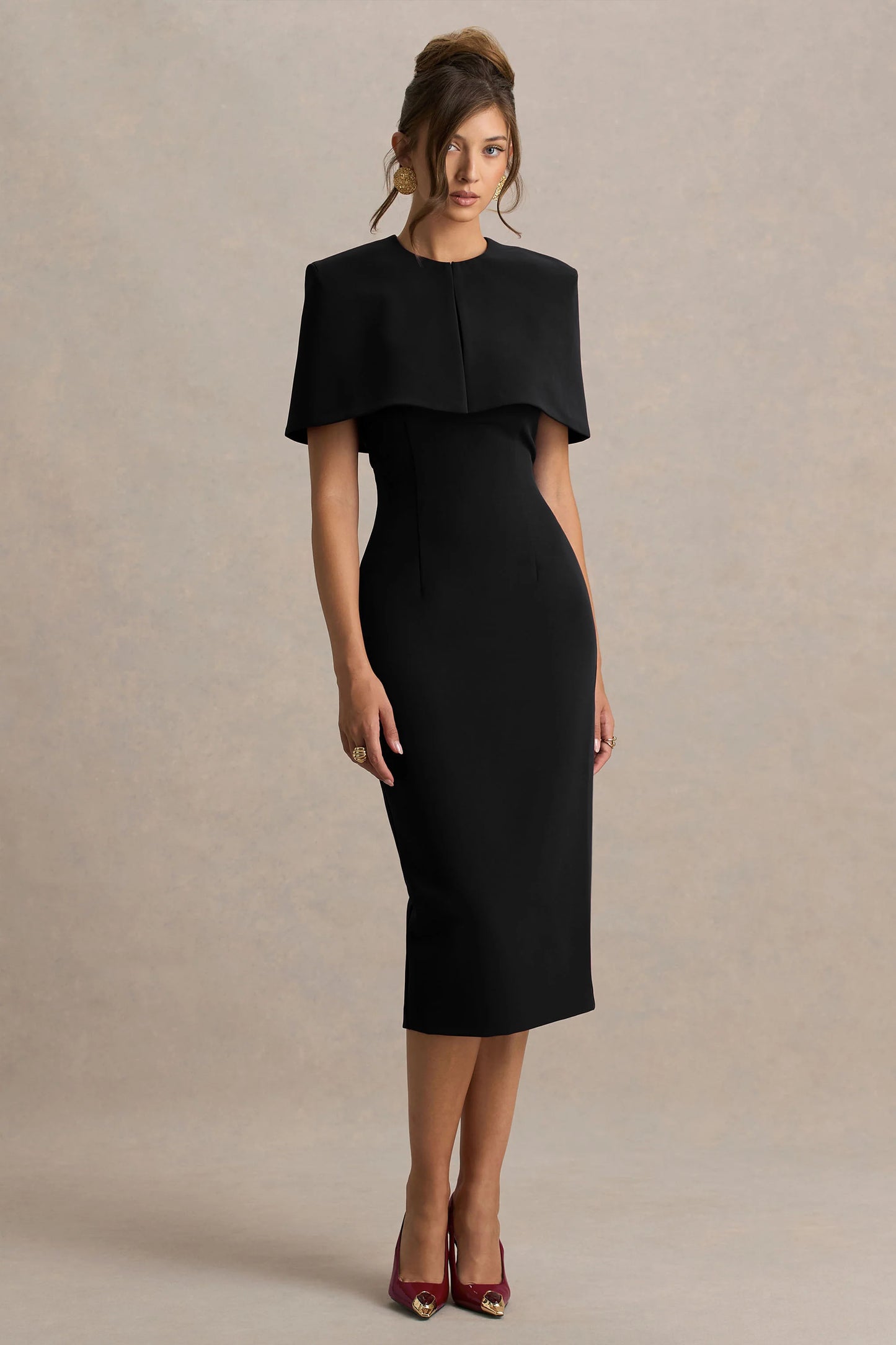Baylor Black Midi-Dress With Removable Cape-Detail