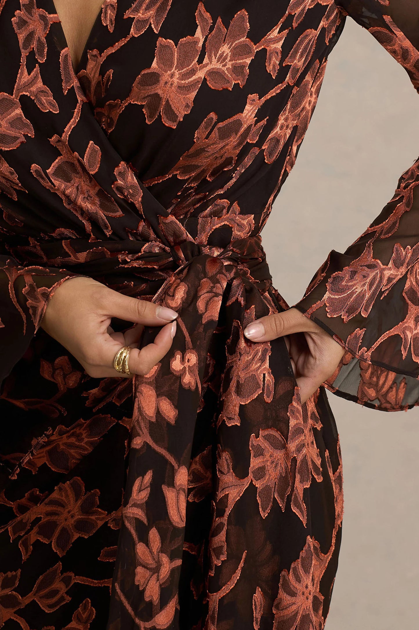 Lindsey Black And Rust Plunge-Neck Wrap Mini Dress With Bell Sleeves And Sash Detail