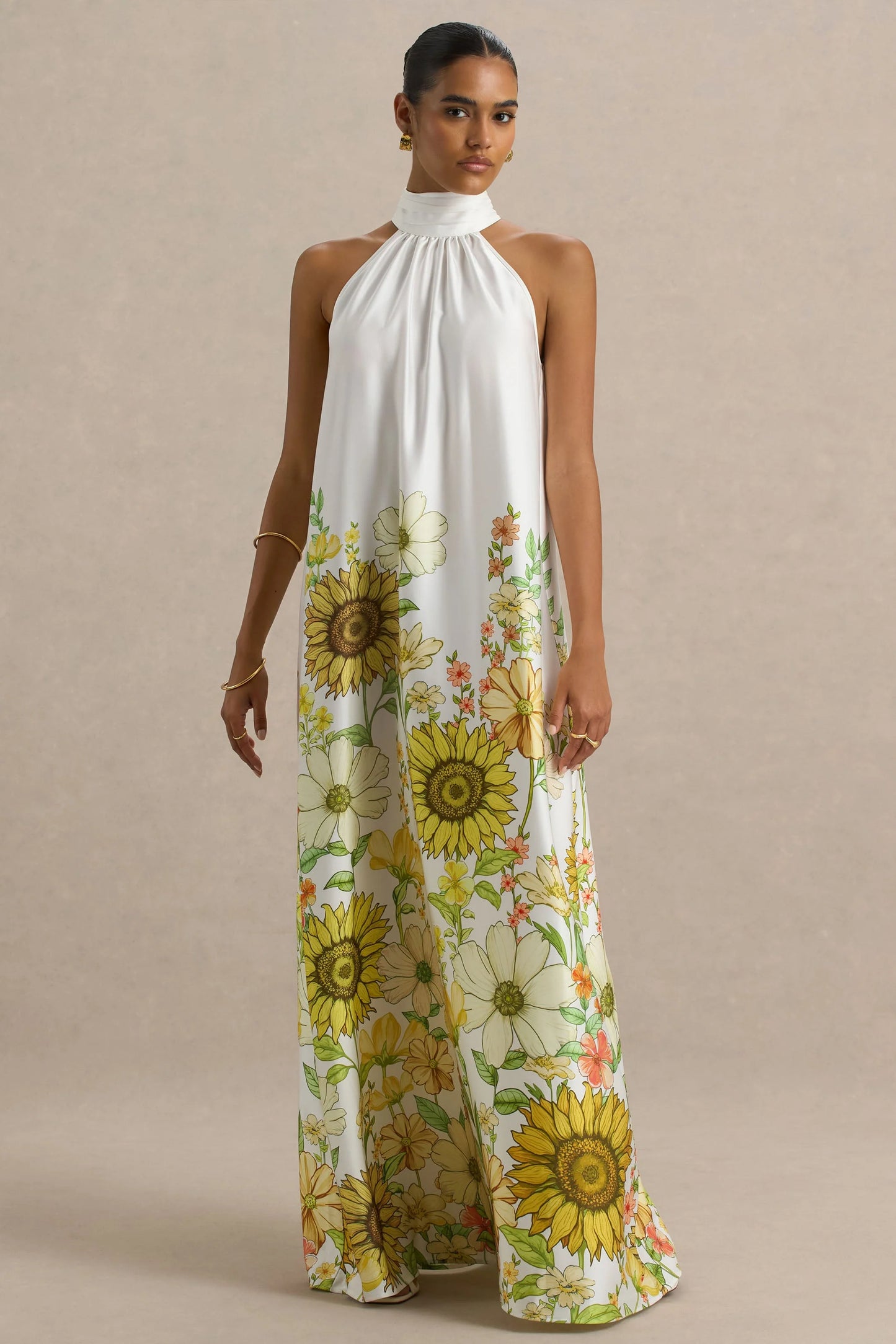 Glide Sunflower Print Satin High-Neck Slip Maxi Dress