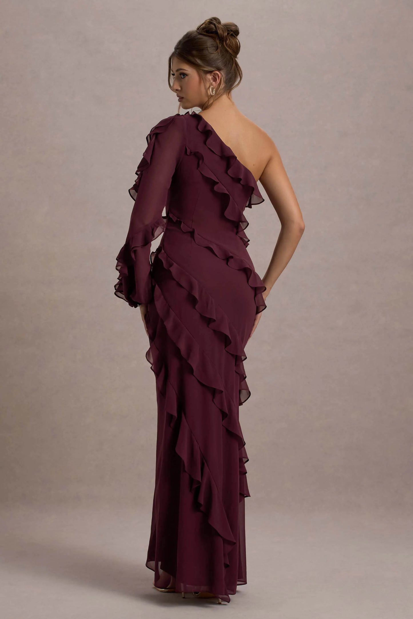Lalika Burgundy Asymmetric One-Sleeve Ruffle Maxi Dress