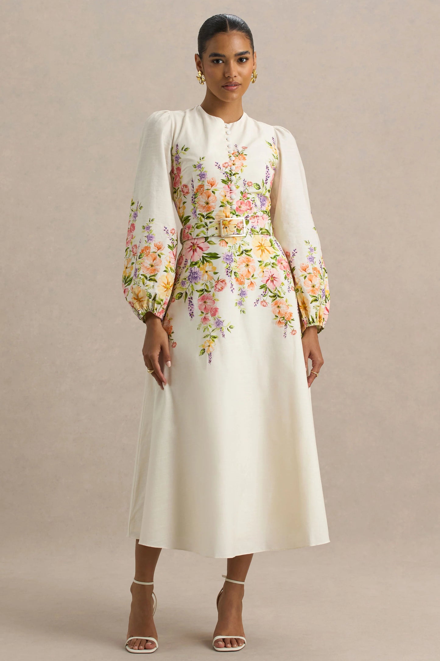 Dahlia White Floral Border Print High-Neck Midi Dress