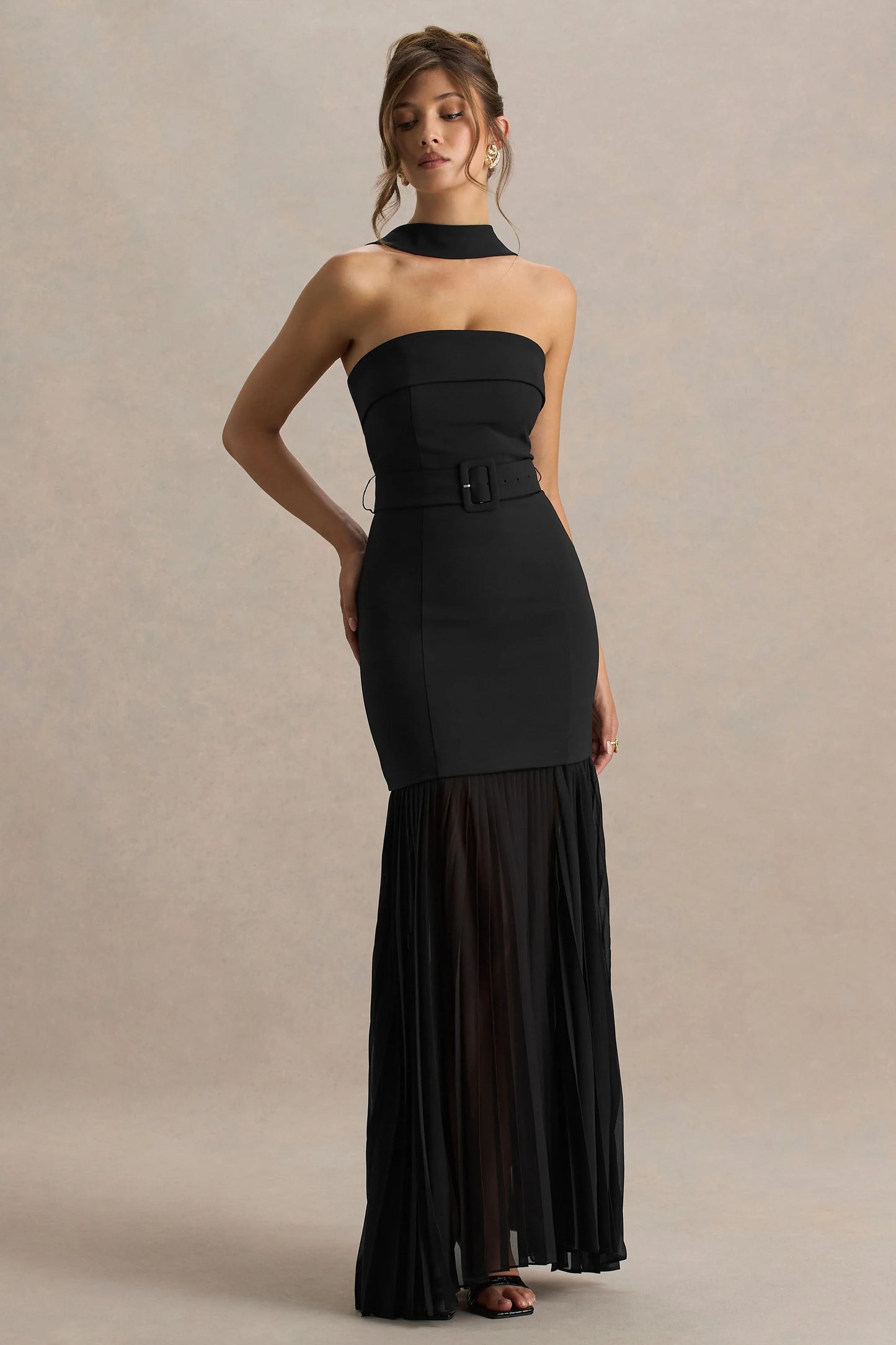 Jaquetta Black Belted Maxi Dress With Pleated Chiffon Skirt